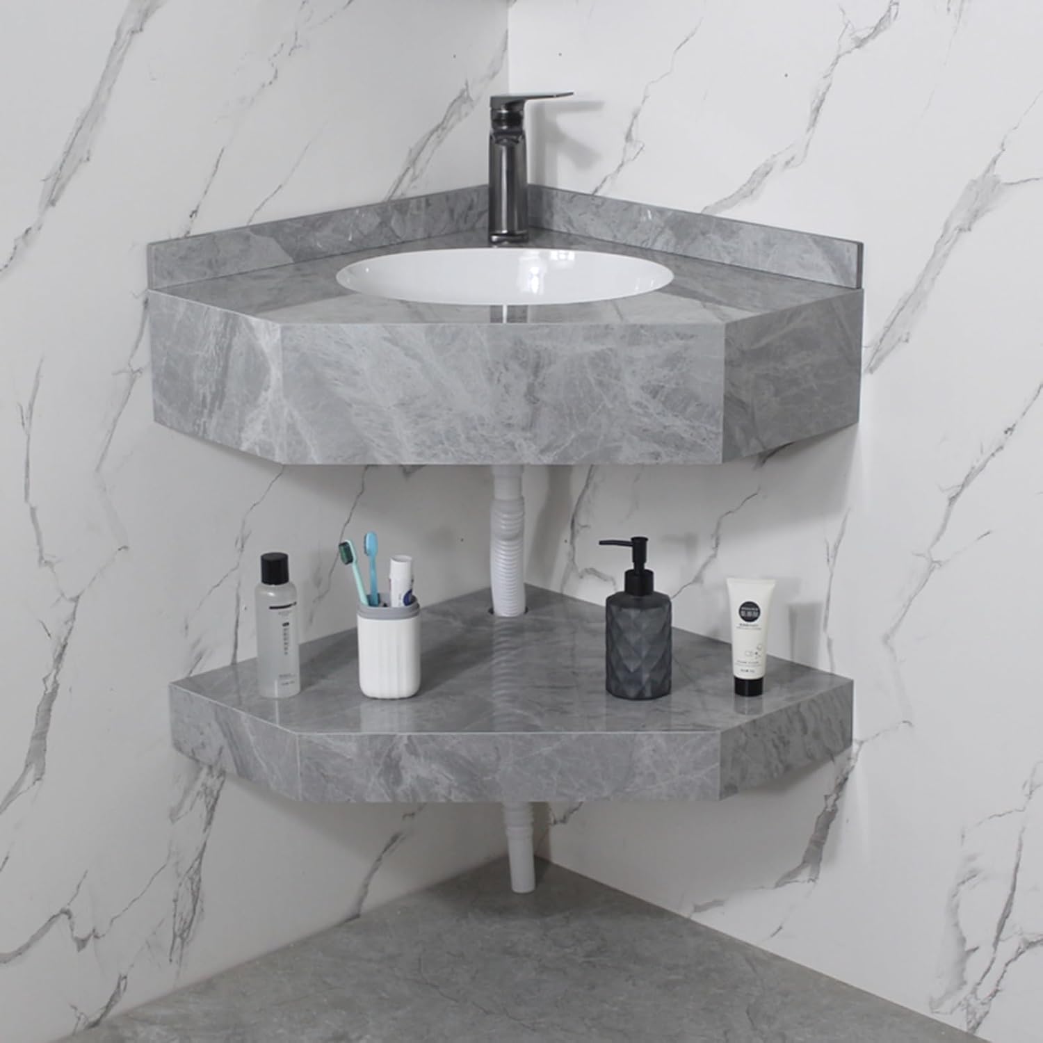 Corner Bathroom Vanity Cabinet with Sink Clearance Wall Mount Washing Hand Basin Design Bathroom Sink with Cabinet Combo for Small Space Rock Slab Surface, Easy to Clean(Size:55cm/21.6in)