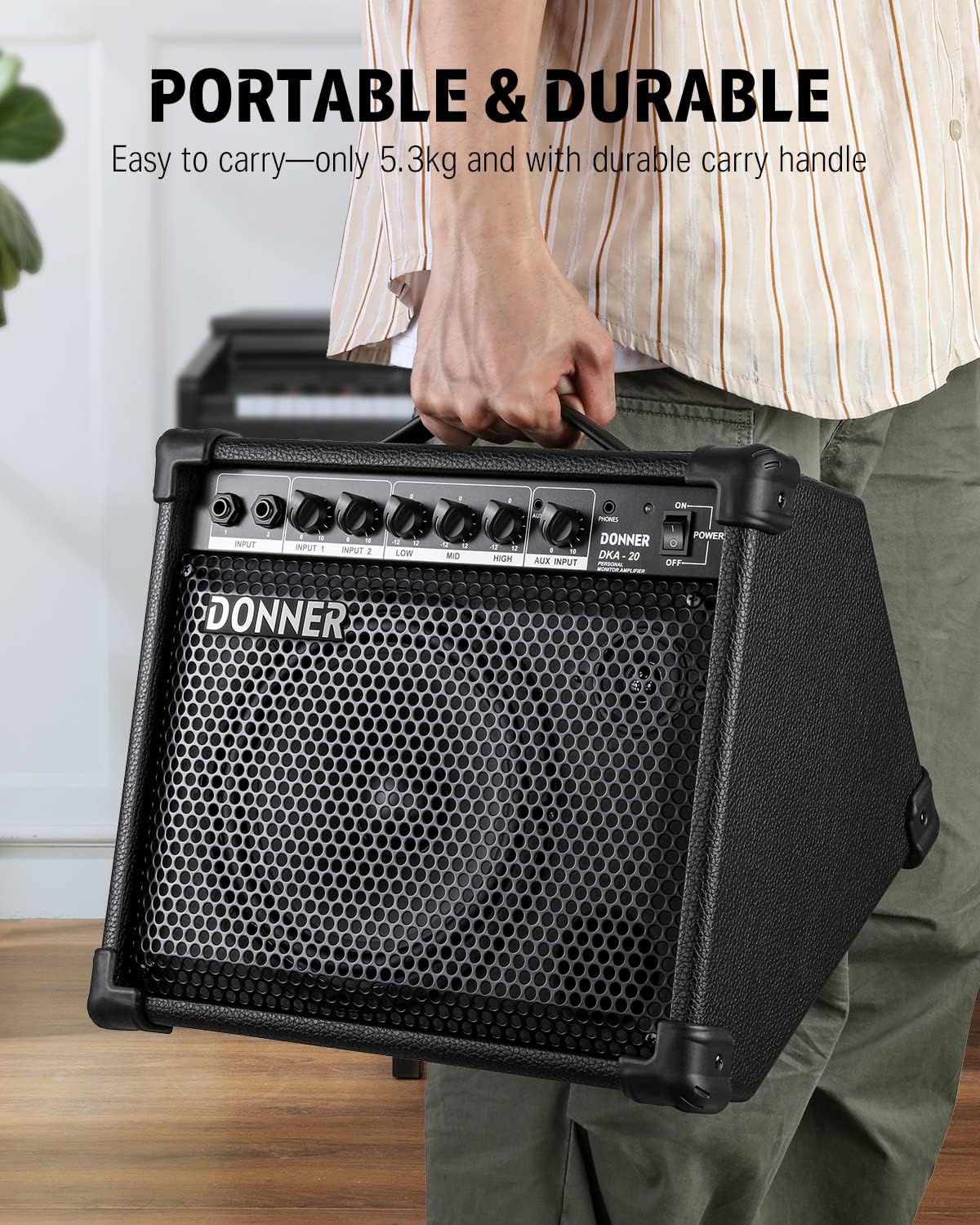 Donner DKA-20 Keyboard Amplifier 20 Watt Keyboard AMP with Aux in and Two Channels, Bass Guitar Amp, Piano Amplifier, Electronic Drum Speaker Support for Microphone Input