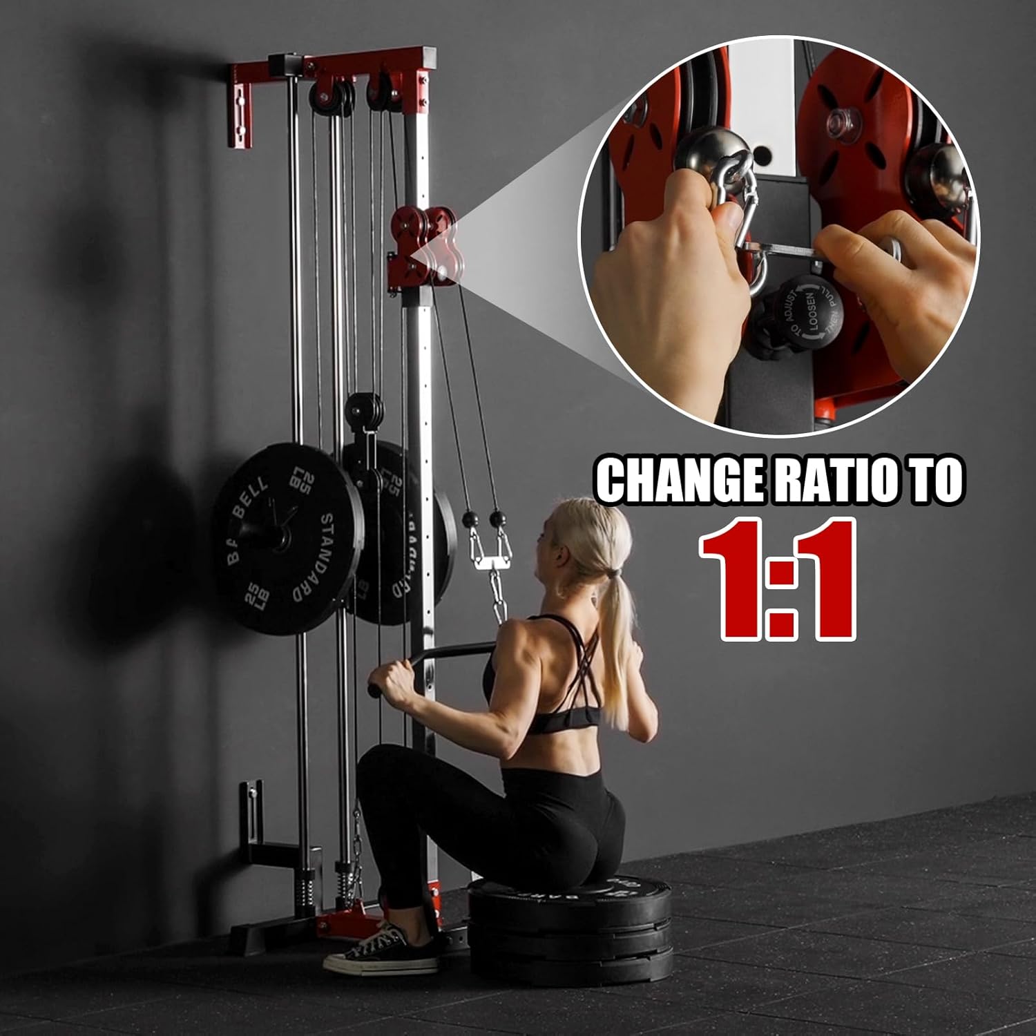 ER Kang Cable Station Wall Mount, 18in Pulley Tower, Dual Pulley System, High & Low Cable Machine, LAT Pull-Down & Row Tower with Flip-Up Footplate, Home Gym Cable Crossover (Red)