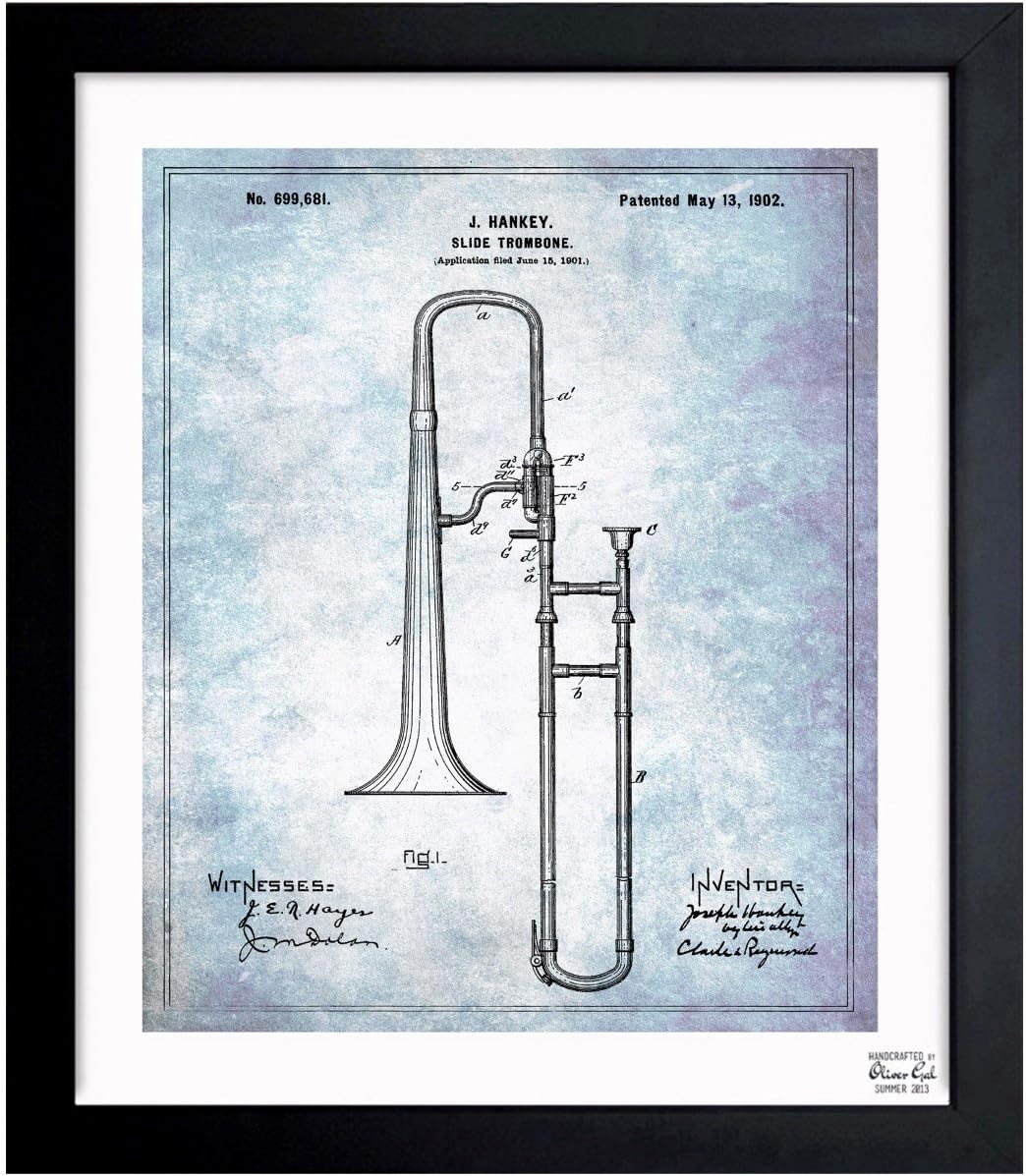 Oliver Gal Trombone Musical Instrument 1902 - Blue Framed Art, 26