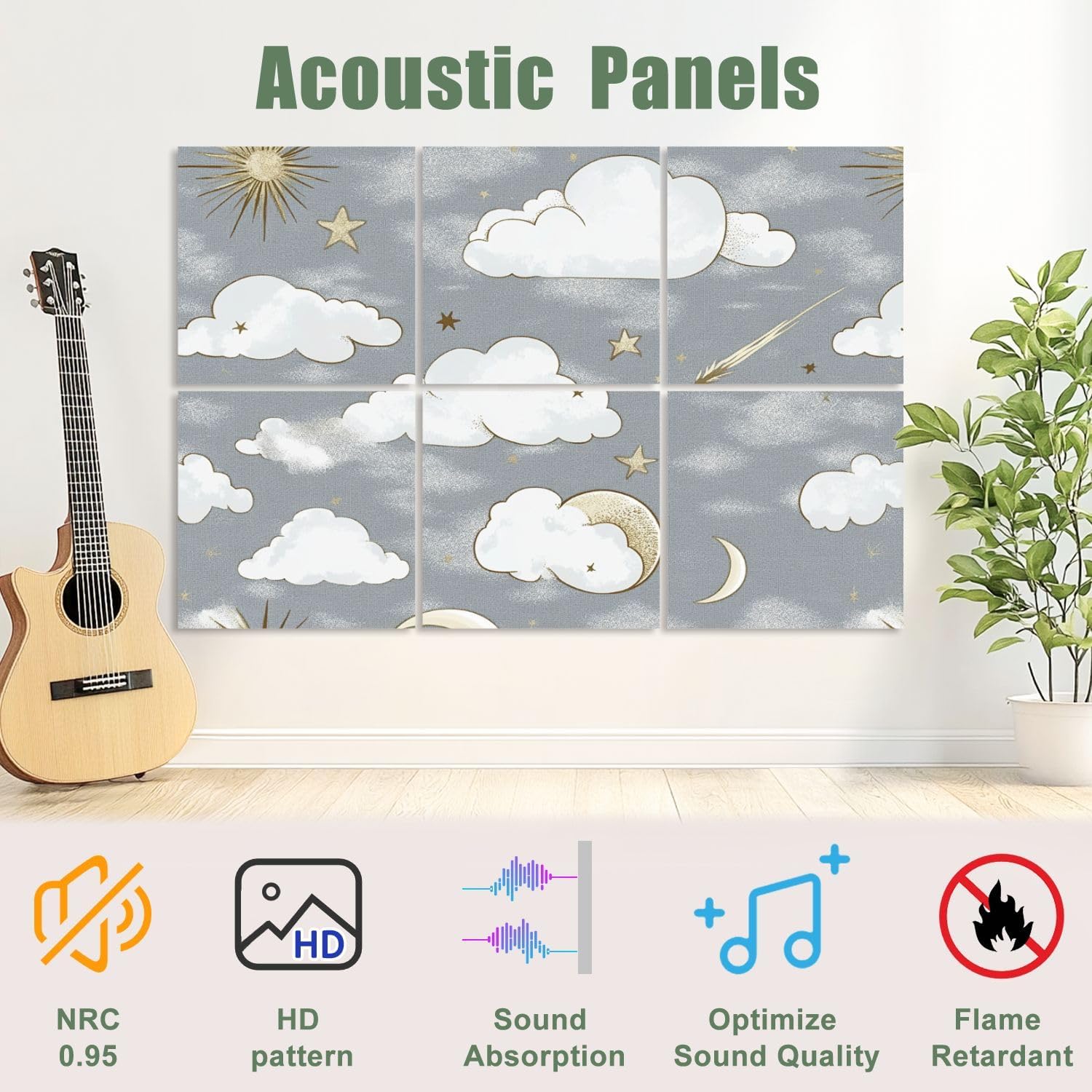 6 Pack Art Acoustic Panels Sound Absorbing Light Grey Clouds Stars Moon Sunburst Shooting Star Soft Colors Decorative Soundproof Wall Panels Self Adhesive for Recording Studios Office 72