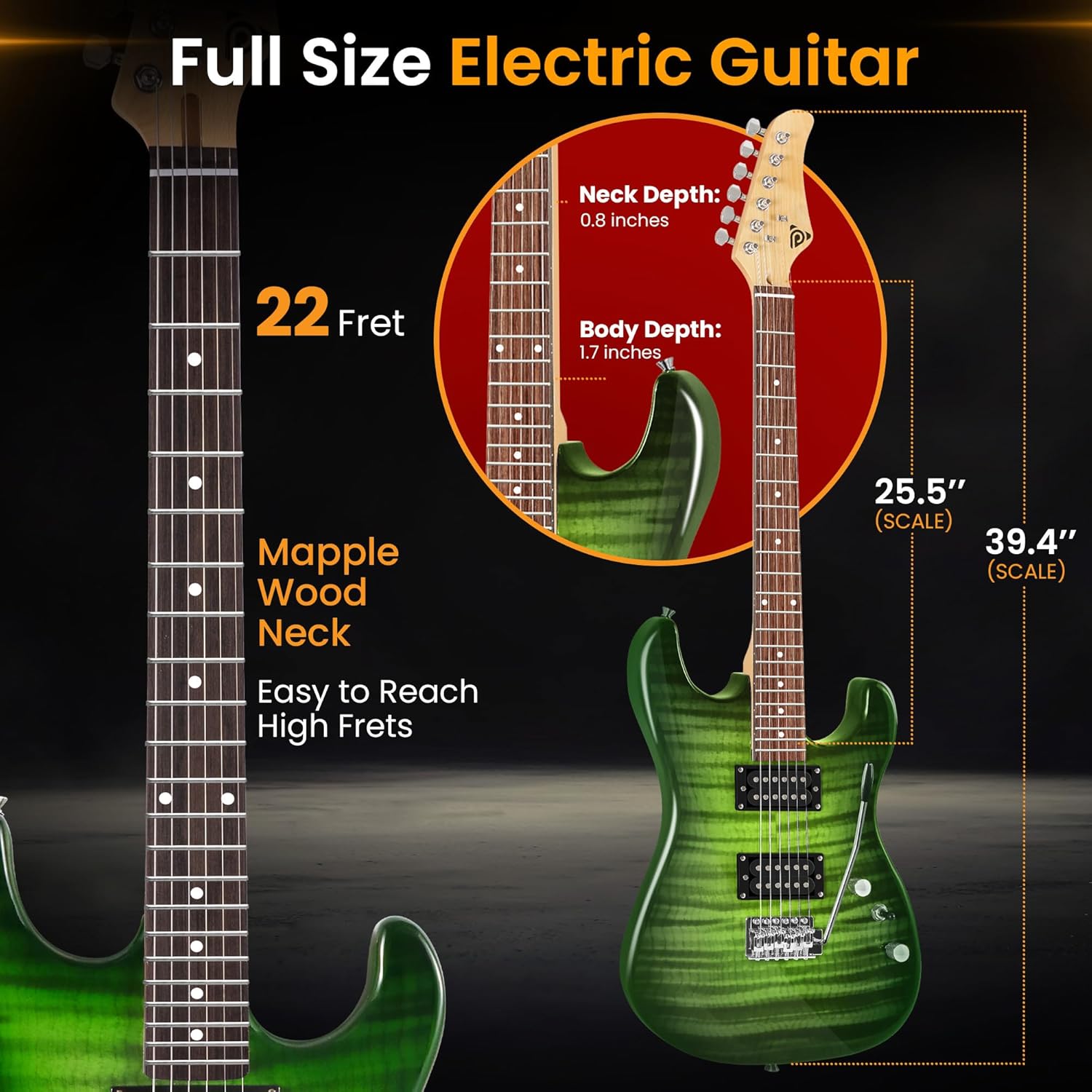 Pyle Electric Guitar Kit with Amp, Full Size Instrument with Humbucker Pickups, Guitarra Electrica Amplifier and Beginner Bundle Accessories, 39