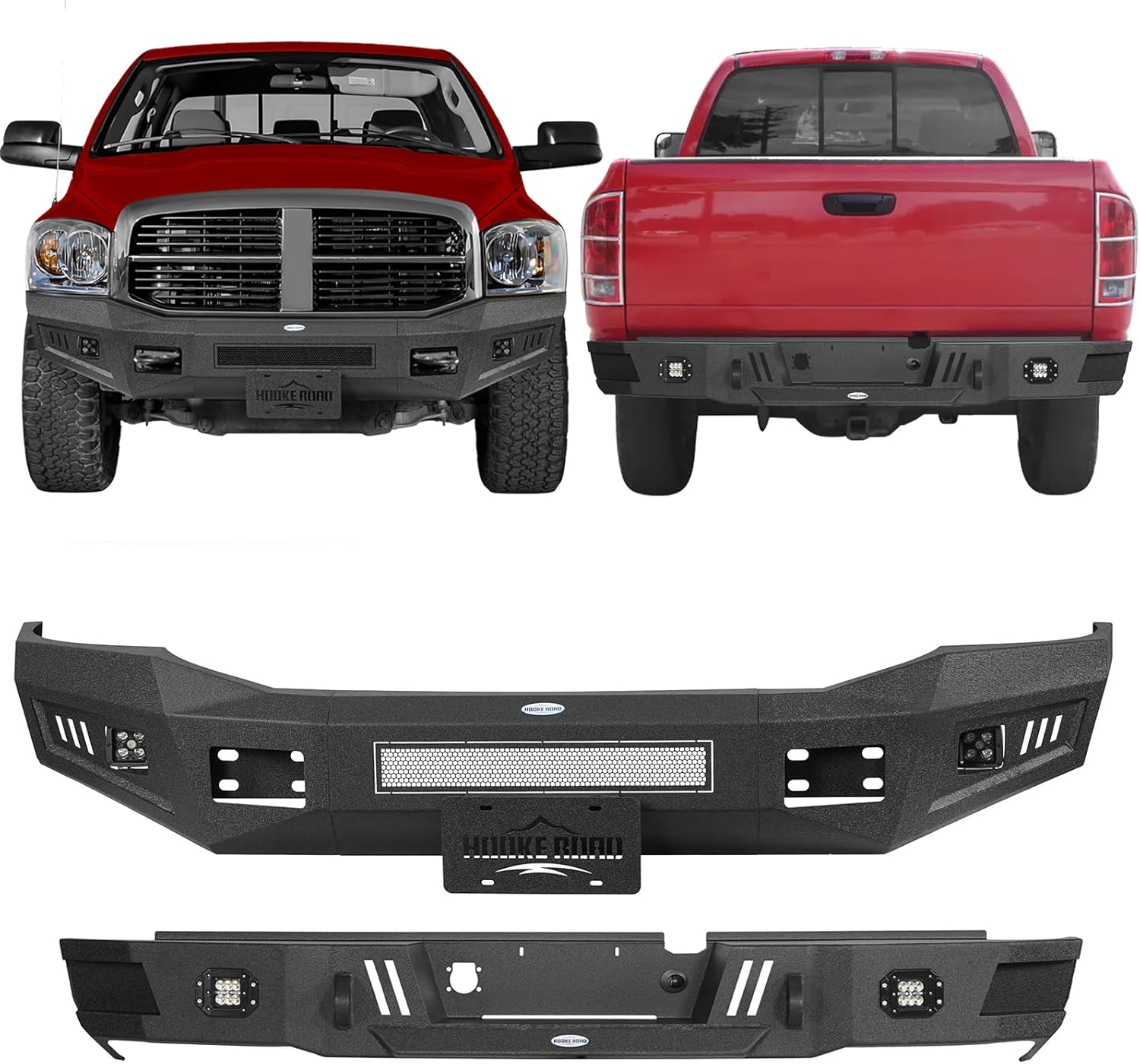 Hooke Road Front & Rear Bumper Set for 2006-2009 Dodge Ram 2500 3500 | Textured Black Off-Road Steel Bumpers with License Plate Bracket, LED Lights & D-Ring Mounts