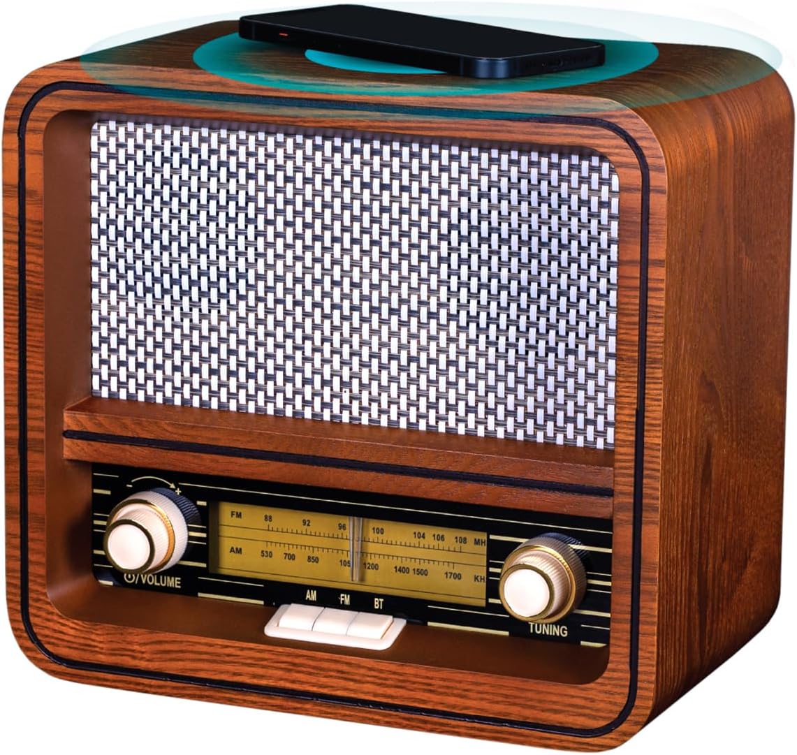 Fuse RAD Vintage Wood Retro Radio | AM/FM Radio with Bluetooth, Wireless Charger & AUX Input | Mid Century Modern Style | Handcrafted Ashtree Wood