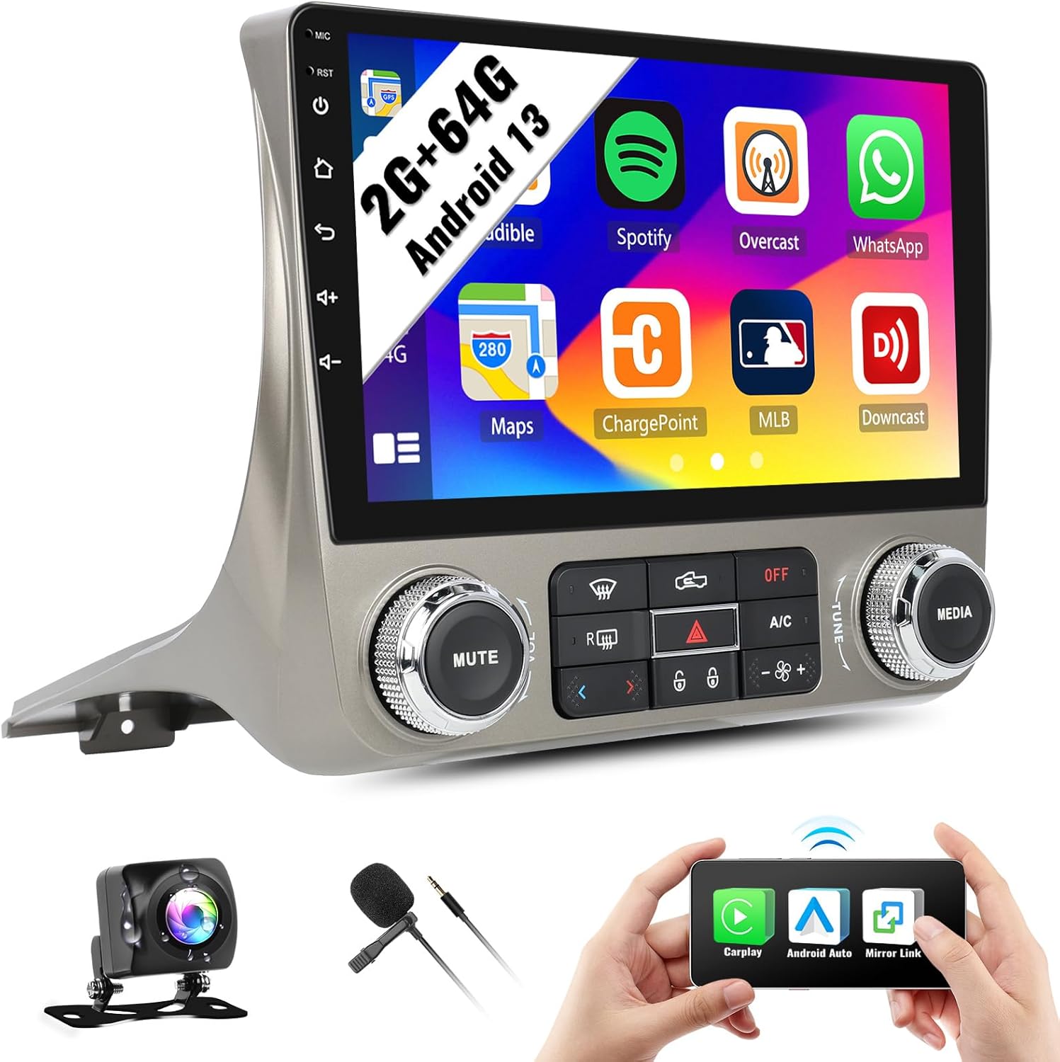 SIXWIN Android Car Stereo for Chevrolet Chevy Camaro 2010-2015 with Wireless CarPlay Android Auto Mirror Link 2G+64G 9 Inch Touchscreen Bluetooth GPS Navigation WiFi FM Backup Camera MIC