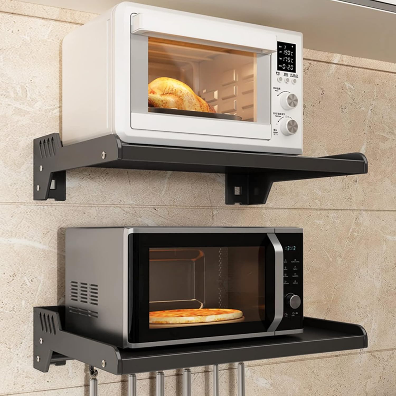 Commercial/Household Wall Mount Bracket Metal Shelving, Kitchen Spice Rack Microwave Oven Shelf with Hooks, Multifunctional Storage Stand Holder, Bathroom Organizer Shower Caddy Storage