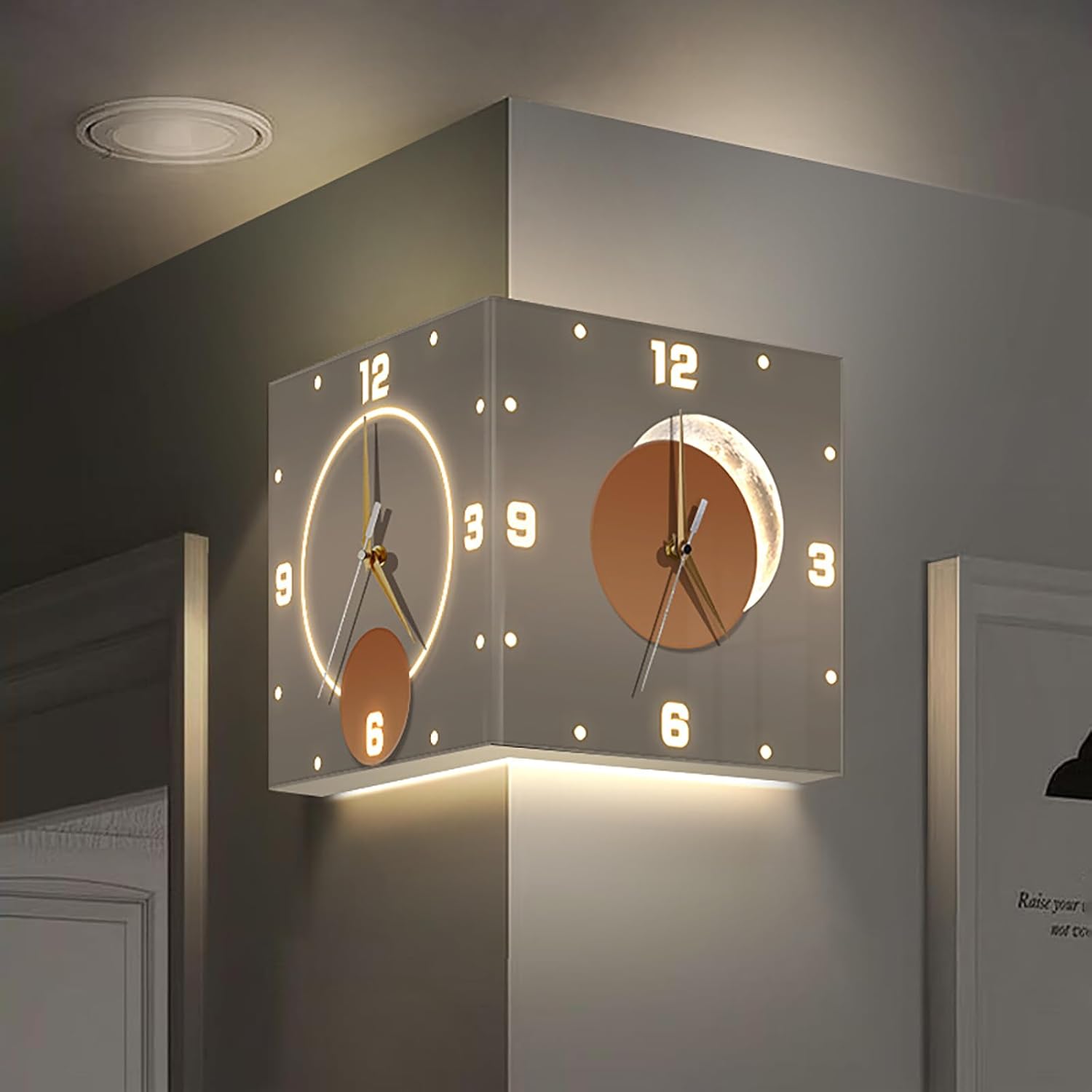 Double-Sided Corner Wall Clock with LED Light, Large Silent Digital Wall Mount Clock for Living Room, Bedroom, Home Decorative(16'', Sensor Luminous)