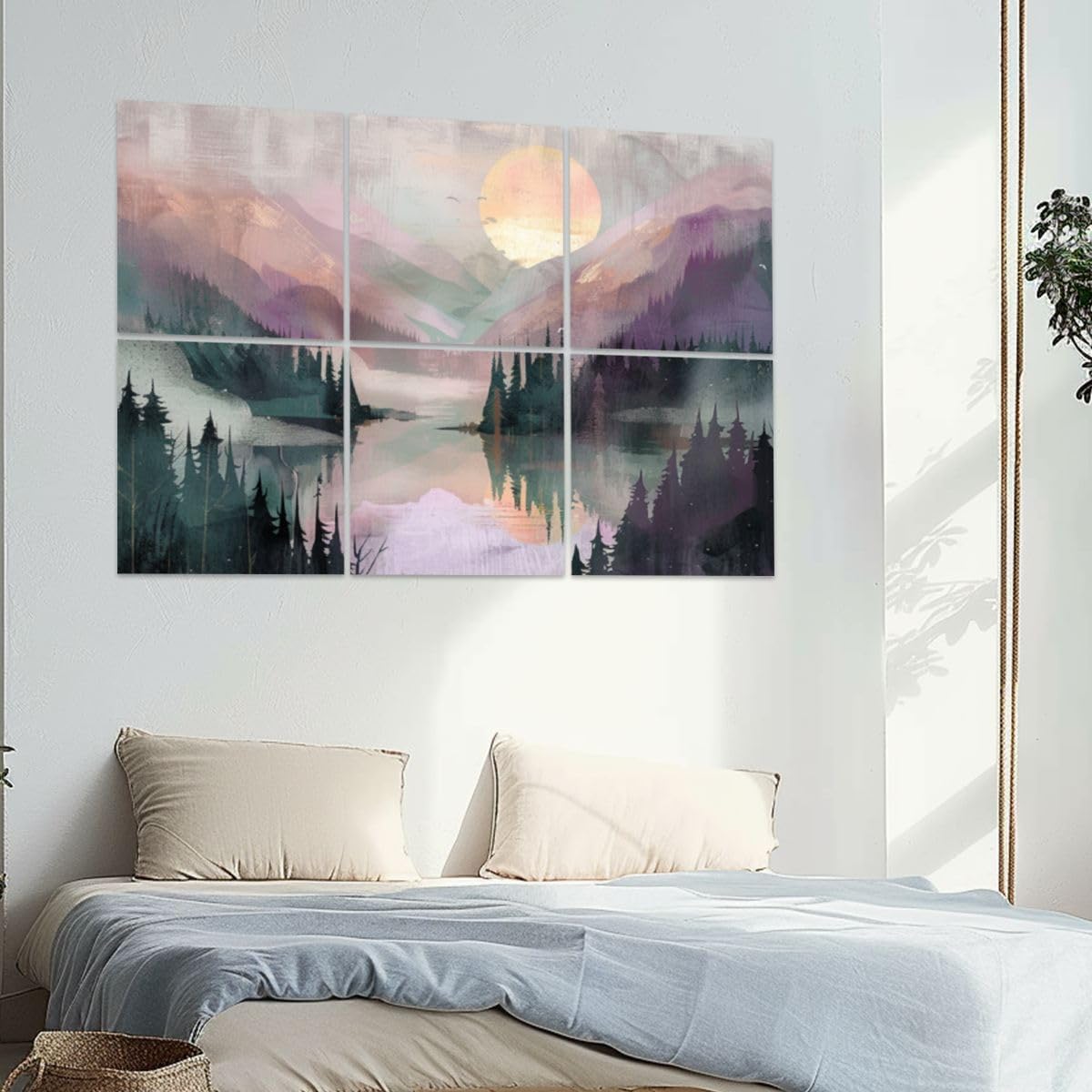 6 Pack Art Acoustic Panels Rustic Dawn Landscape Muted Pink Purple Green Soundproof Wall Panels, 48