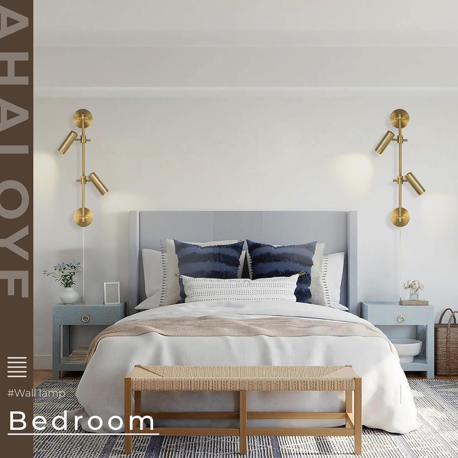 Gold Plug in Wall Sconces, 3 Lights Wall Mount Lamp with Rotatable Shade 3000K Warm White Wall Light for Bedroom Living Room Picture Light (Bulb Included)