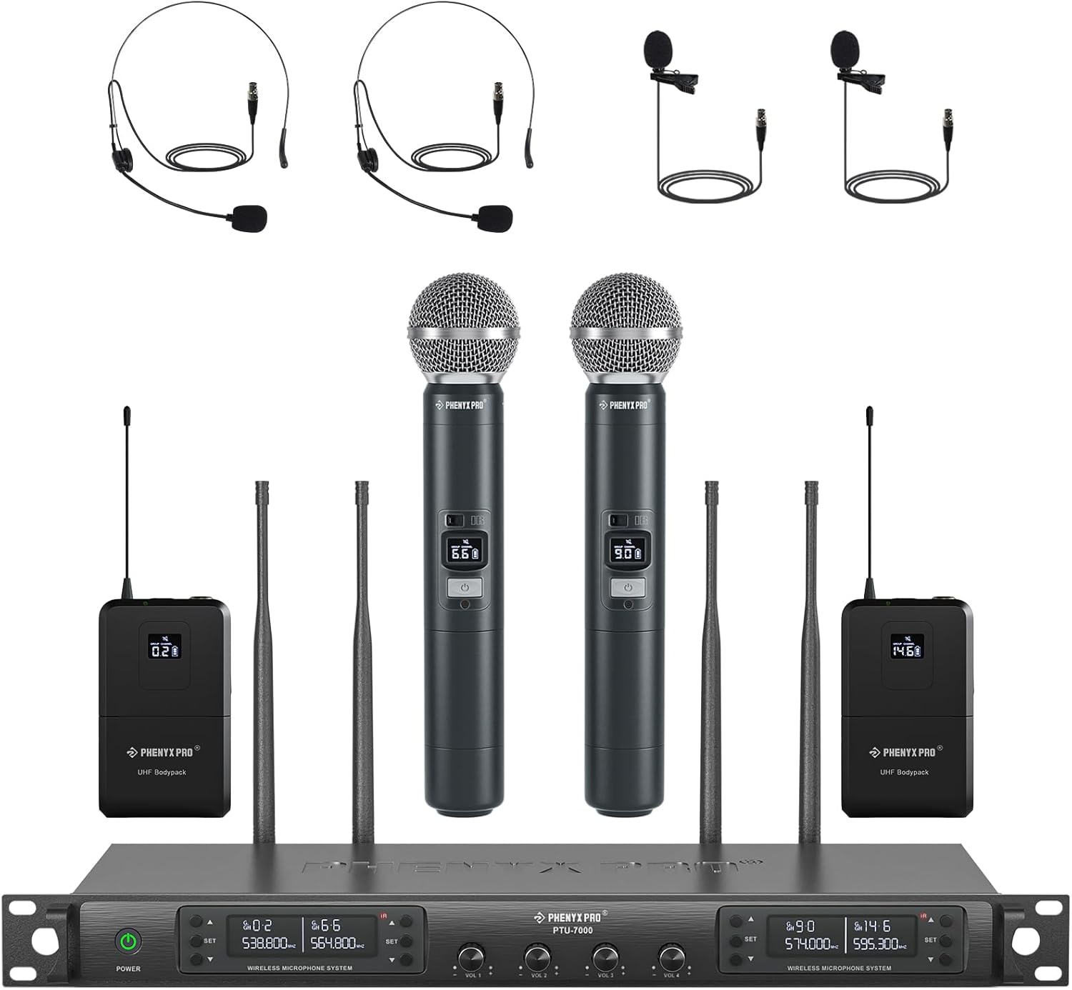 Phenyx Pro 4-Channel Wireless Microphone System w/Auto Scan, 4x40 UHF Frequencies, 2 Handheld Dynamic Mics, 2 Bodypacks & Headsets/Lapel Microphones for Singing, DJ, Church (PTU-7000-2H2B)