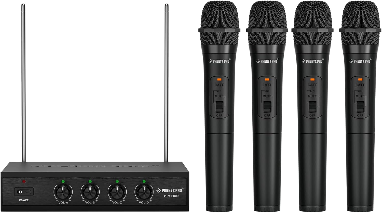 Phenyx Pro Wireless Microphone System, 4 Channel VHF Wireless Mics, w/ 4 Handheld Dynamic Microphones, Metal Receiver, Long Range, Mic for Singing, Karaoke, Church (PTV-2000-4H)