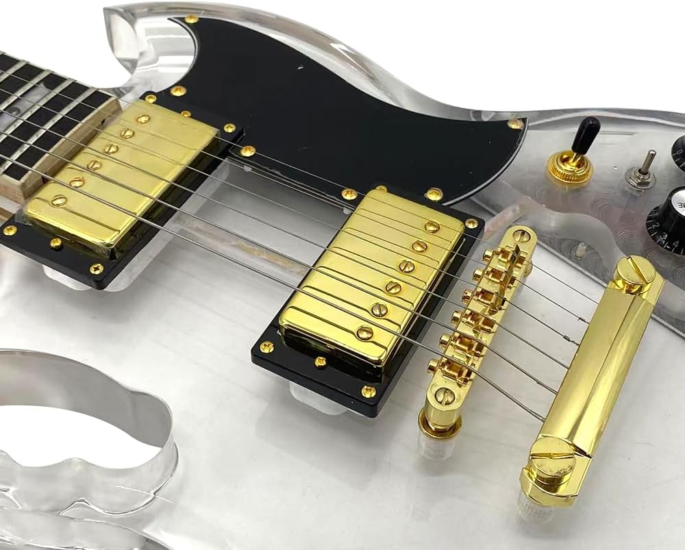 Yinfente 39Inch Electric Guitar Kit Transparent Acrylic Guitar,Full Size Solid Body Electric Guitars for Beginners With Maple Neck Rosewood Fretboard& LED Light Blue,Tremolo Bra,Cable HH