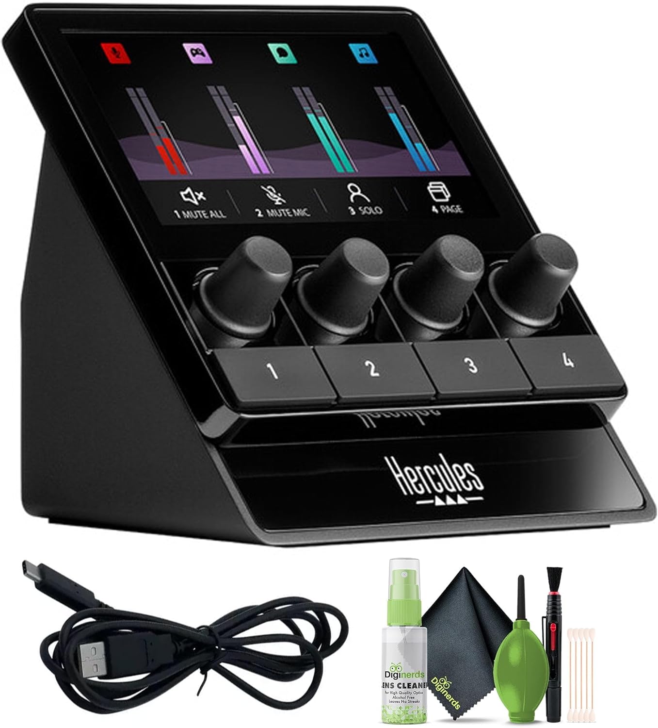 Hercules Stream 100 Audio Mixer for Content Creators, Up to 8 Tracks, LCD Screen, High Resolution Encoders, 4 Actions Buttons and Customizable Interface Bundle With Cleaning Kit
