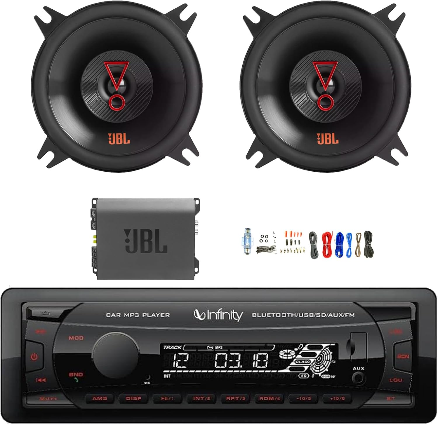 Single DIN Bluetooth USB/AUX FM Radio MP3 Receiver, 2X 4 150 Watt Peak Power 2-Way Car Audio Speakers, Amplifier w/Install Kit