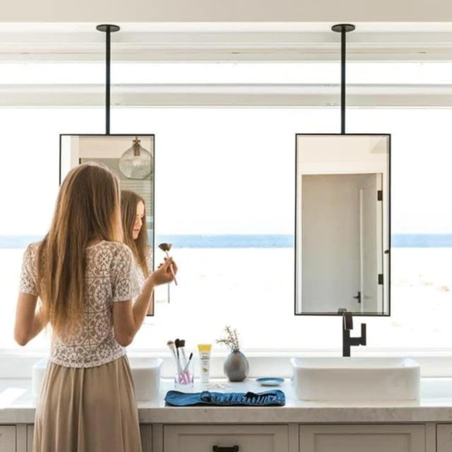 TEHOME Ceiling Mount Mirrors for bathrooms Suspend Black Metal Framed Rectangle ceil Mount Mirror for a Window Vanity with Adjustable Hanging Rod, Mirror Measures 20x30''