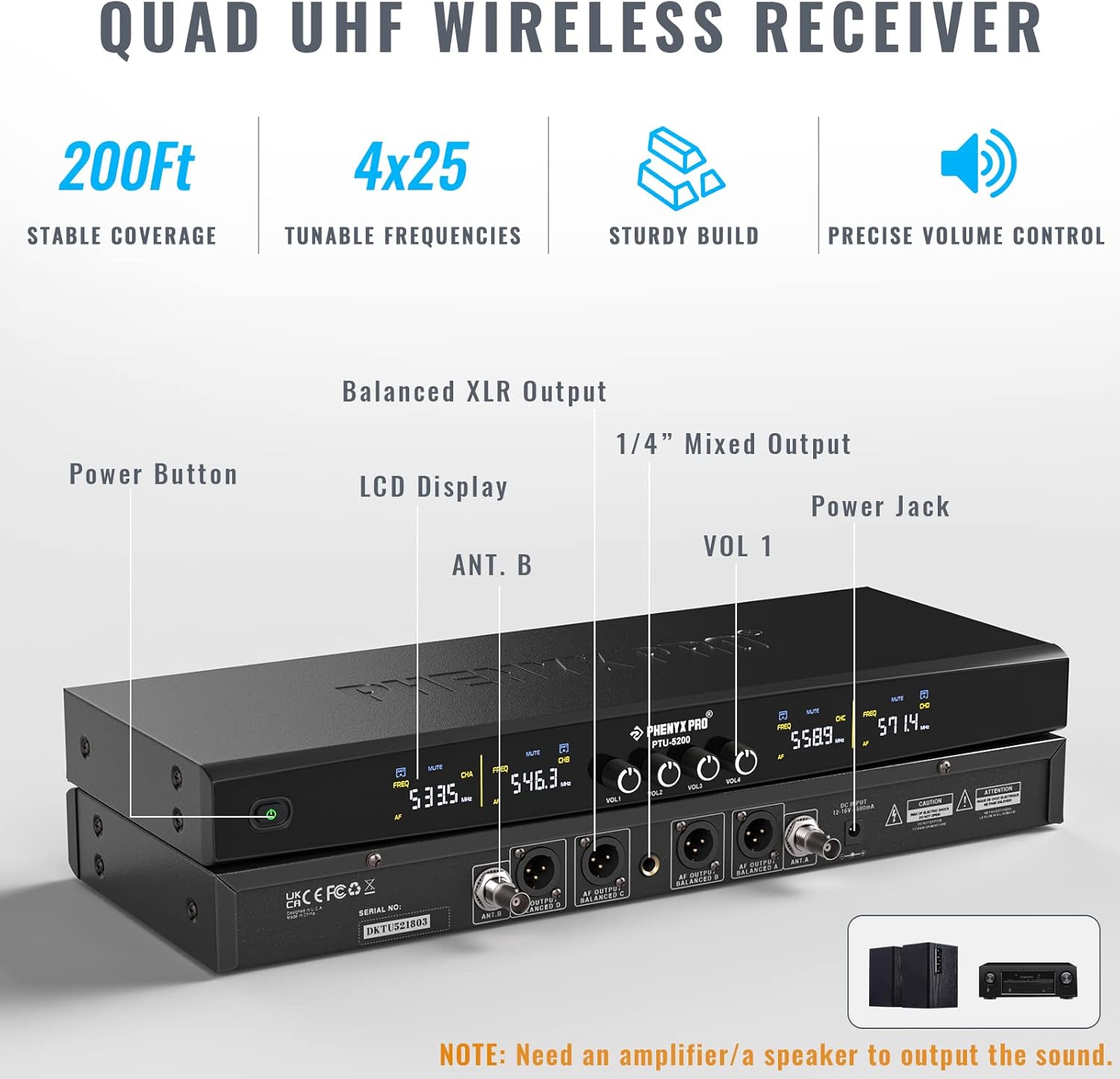 Phenyx Pro UHF Wireless Handheld Microphone System PTU-5200-4H Bundle with 6Ft XLR Snake Cable