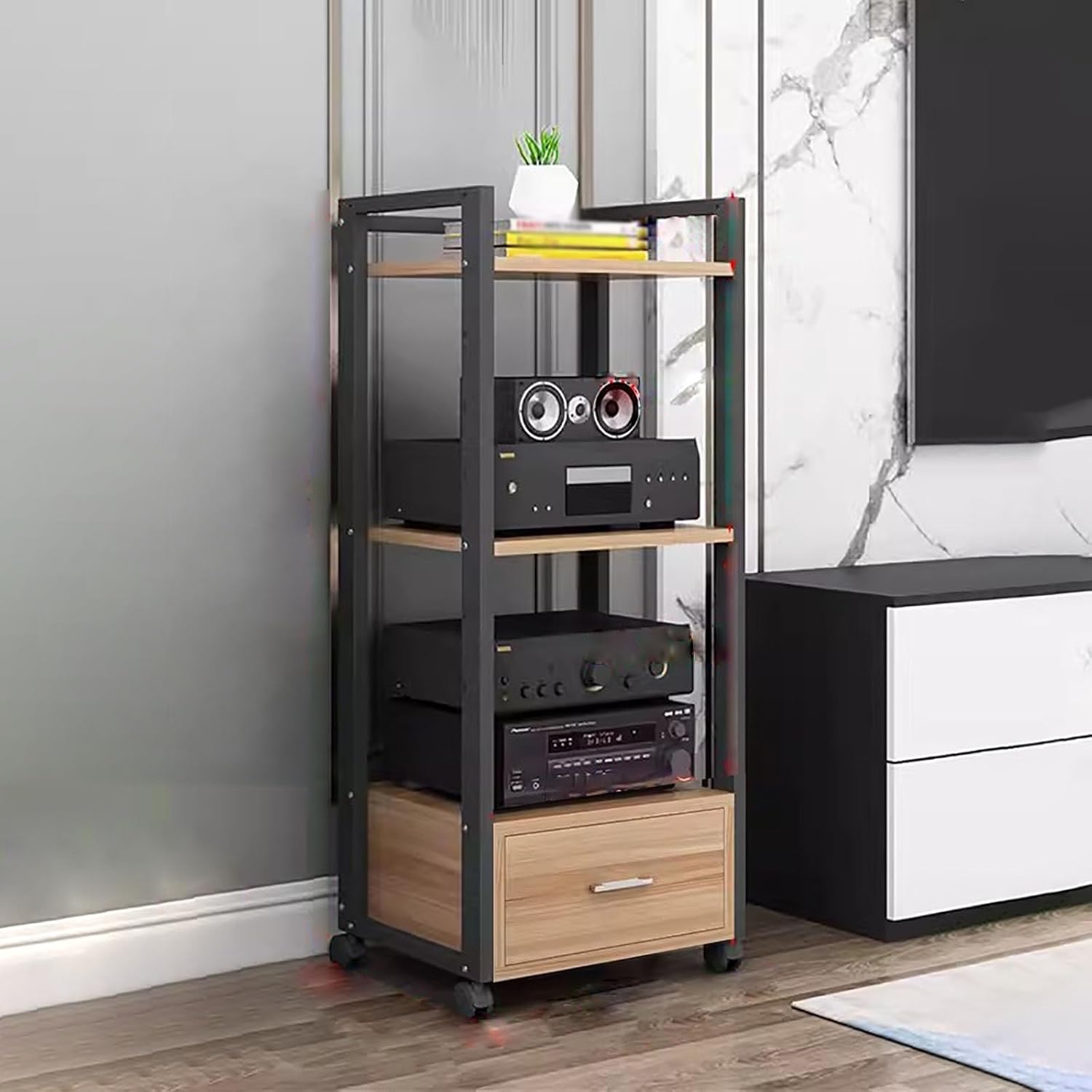 Av Media Stand Corner Shelf - Rack Audio Tower with Adjustable Shelves - 79 100 120Cm Tall Shelf Stand with Wheels - Audio Equipment Rolling Cart Rack Portable for Home,3 Tiers-120cm Tall