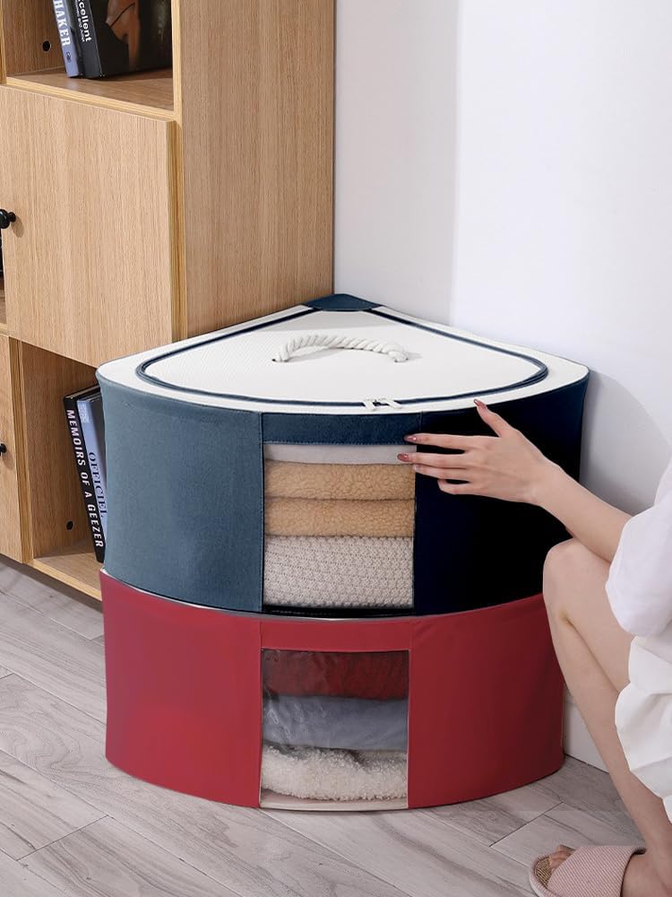 2PCS Corner Baskets Triangle Storage, Fan Shaped Storage Box with Lid and Handle, Foldable Storage Bins, Waterproof Oxford Cube Boxes, Large Capacity Storage Container for Bedroom Office(Dark gray-L)