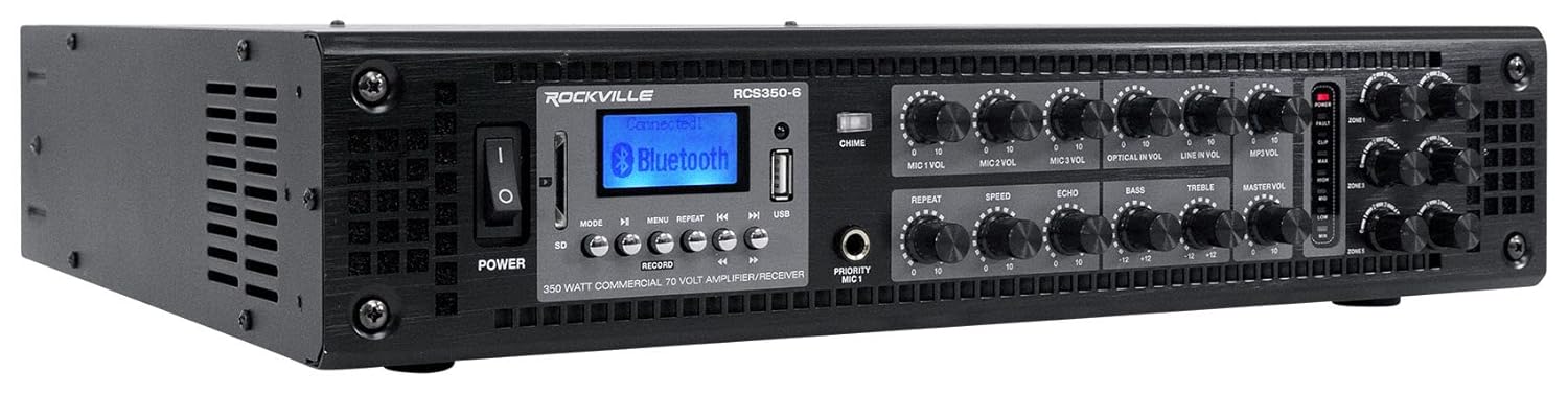 Rockville RCS350-6 350 Watt 6 Zone 70v Commercial/Restaurant Amplifier/Bluetooth Bundle with (12) PEN-40T Black 4