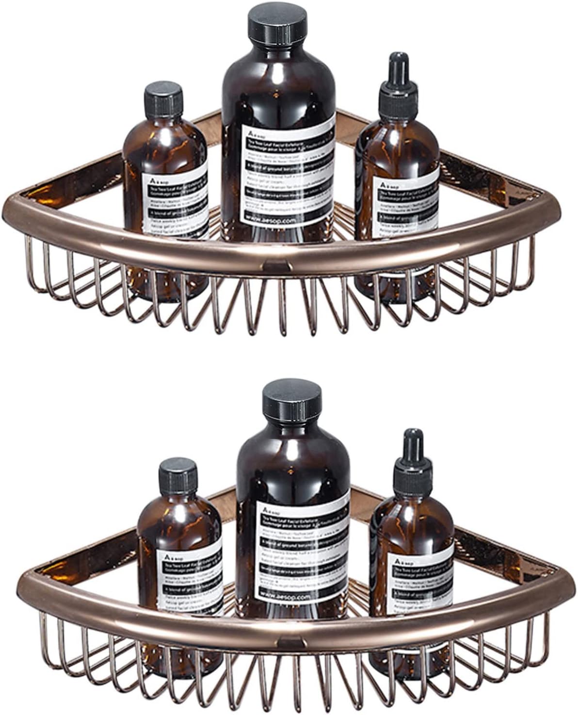 Shower Shelf Corner Shampoo Holder for Wall Mount Caddy No Drilling Adhesive All-Copper for Toilet,Gold,1 Story(Bronze,2 Layer)