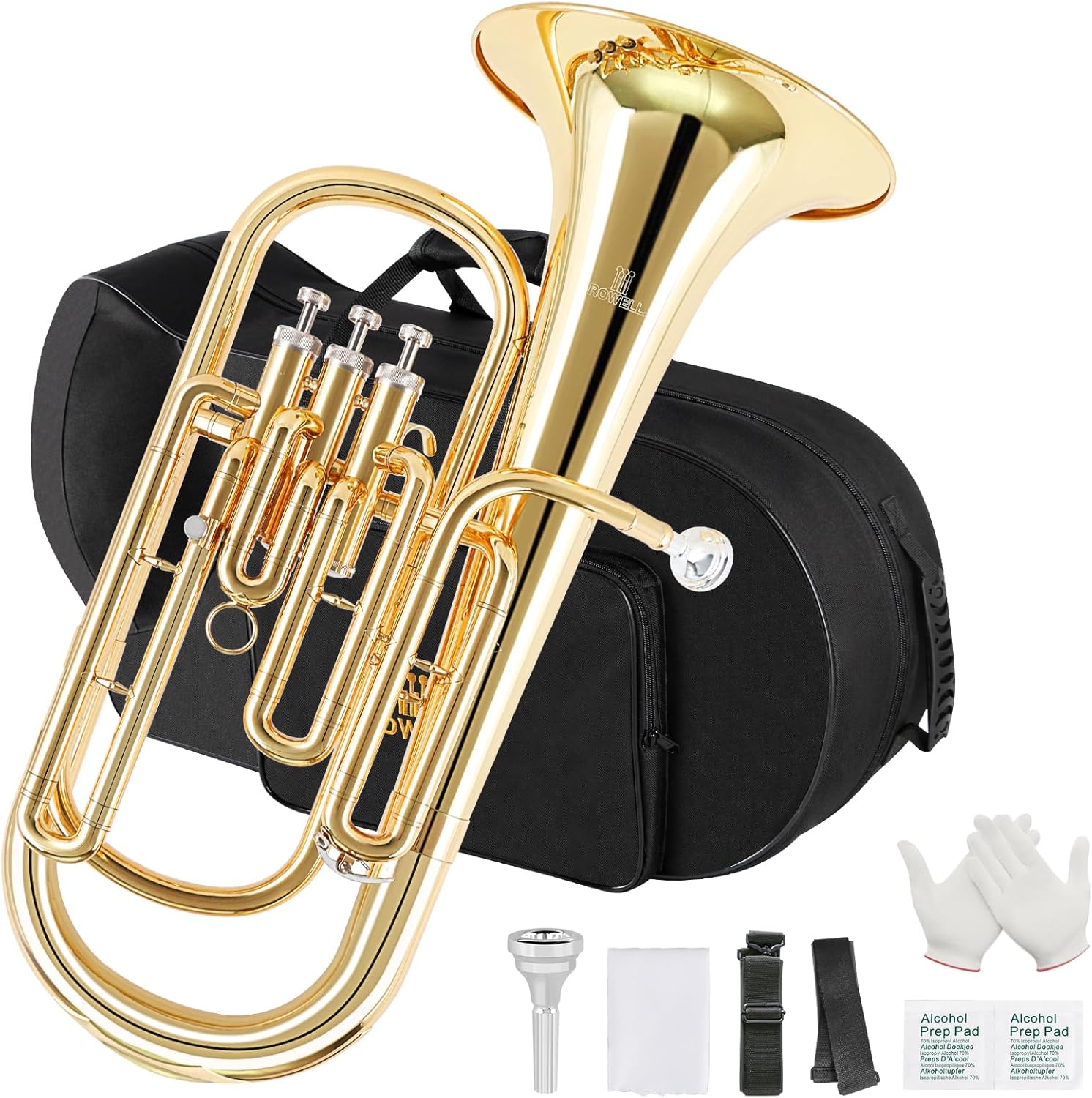 ROWELL Baritone Horn Bb Brass 3 Valves Lacquer Gold with Mouthpiece, Case and Gloves