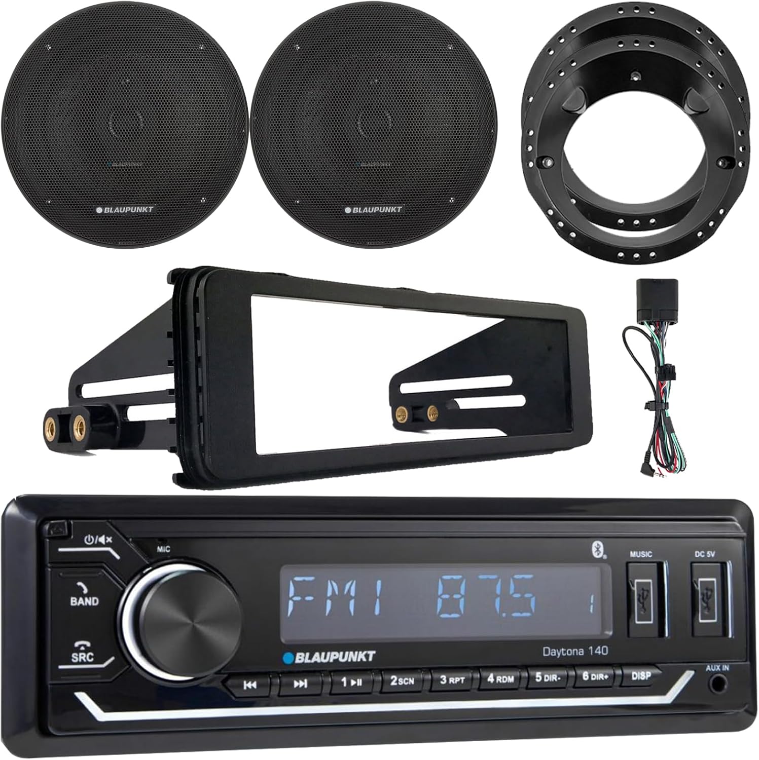 BLAUPUNKT Daytona 140 Single-DIN USB/SD AM/FM Radio Bluetooth Stereo Black Receiver W/Install Kit, 2X 6.5 70 Watt Max Power 3-Way Slim Design Speakers W/Adapters (Fits 1998-2013 HD) (X-Series)