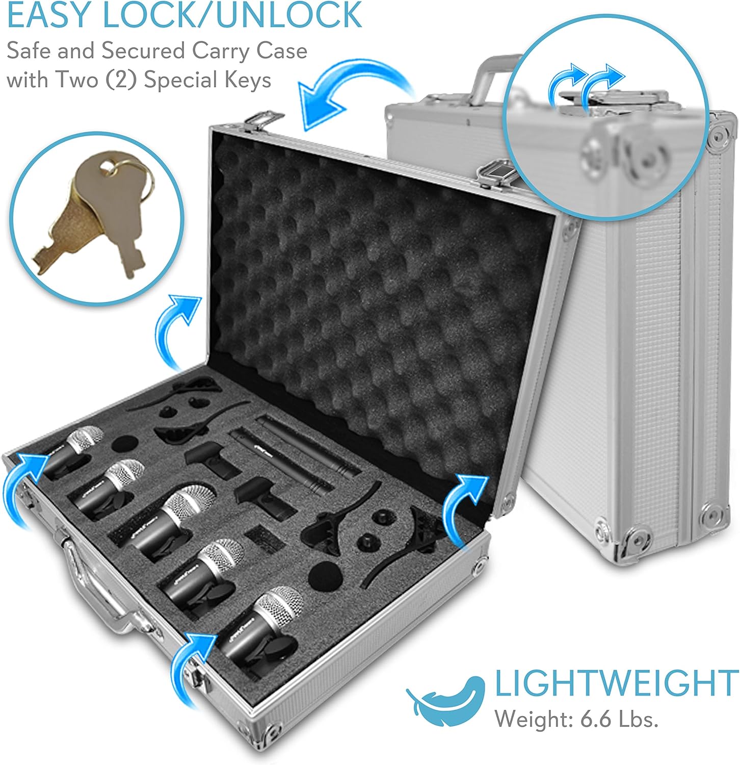 Pyle 7-Piece Wired Dynamic Kit-Kick Bass, Tom/Snare & Cymbals Microphone Set-for Drums, Vocal, & Other Instrument-Complete with Thread Clip, Inserts, Mics Holder & Case, Black