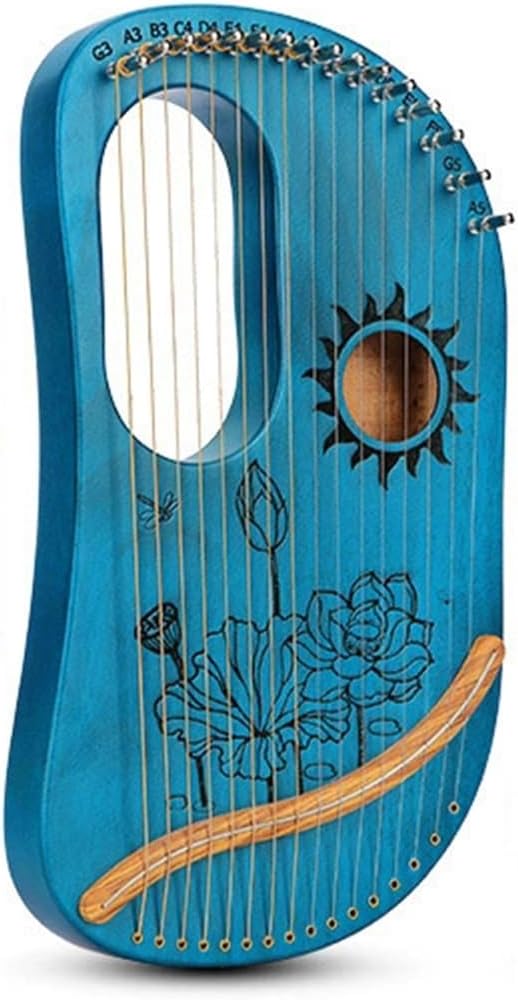 10/16-Note Mini Lyre Harp – Portable Musical Instrument for Beginners, Lute Shaped with Lotus Pattern Design, Compact Boxed Lyre for Home & Travel(Blue,16Note)