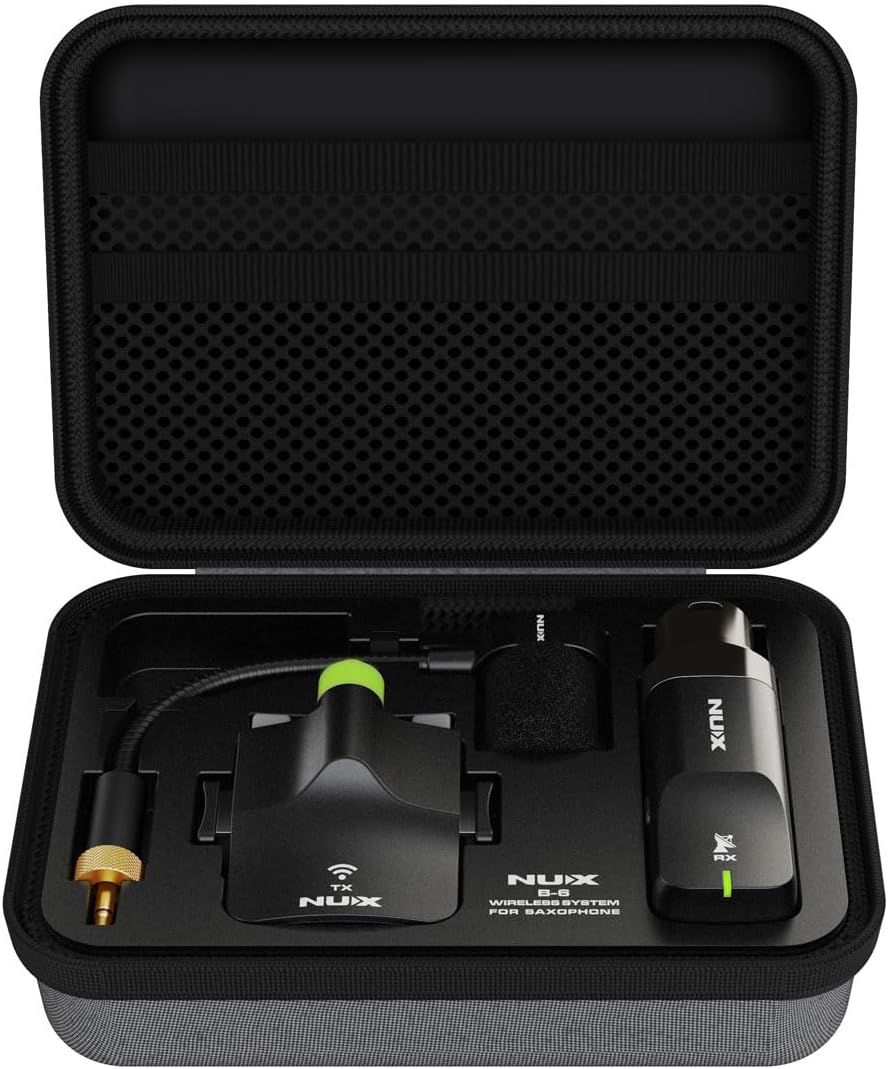 NUX B-6 Saxophone Wireless System with Charging Case,Operation Range of 20 Meters,High-Resolution 24- bit/44.1kHz Audio,2.4GHz Wireless Saxophone Microphone