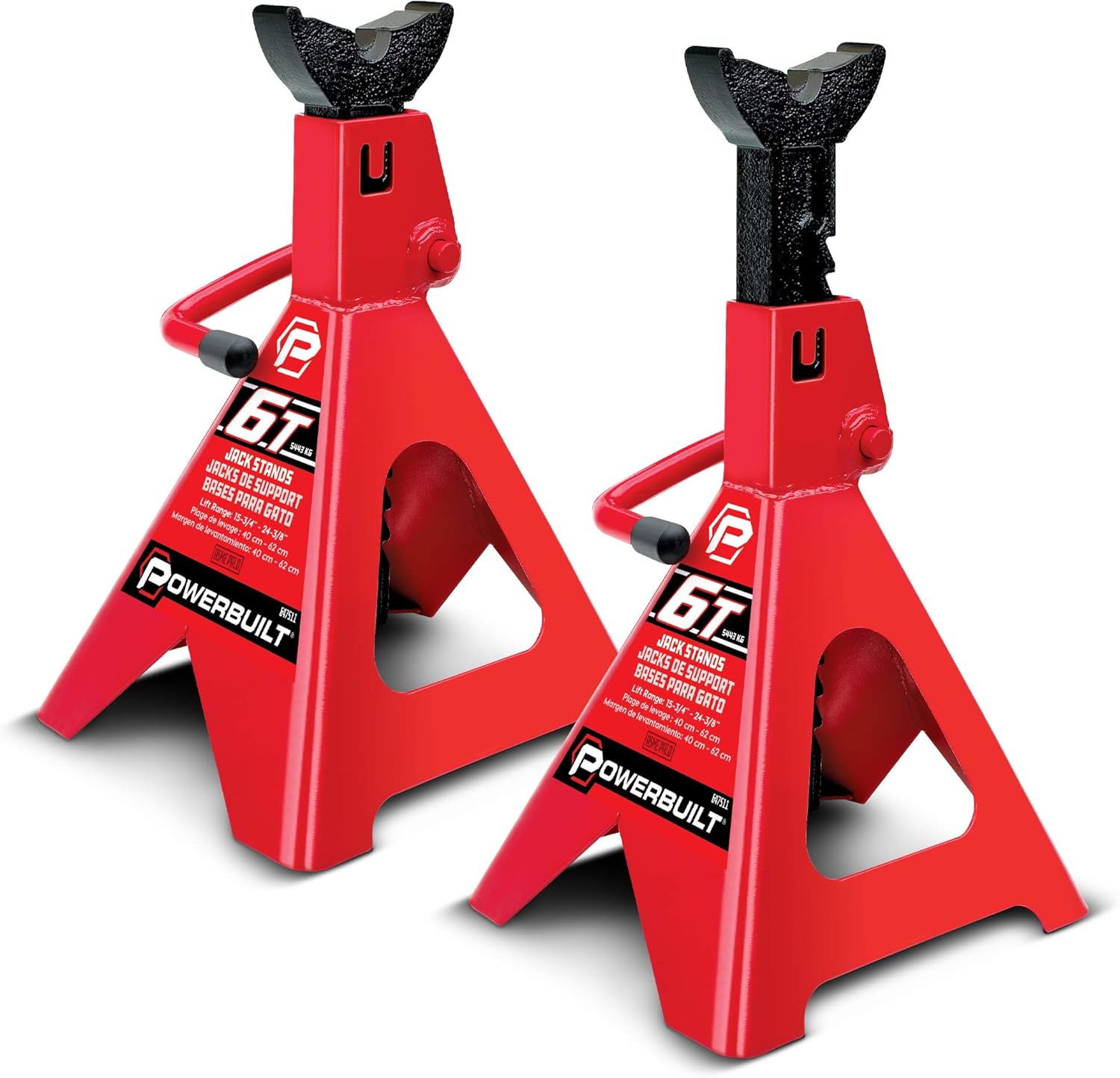 Powerbuilt 6 Ton Ratchet Jack Stands, Wide Stance Stability, Vehicle Car Lifting Range 15-1/2 Inches to 23-1/2 Inches - Red 647511
