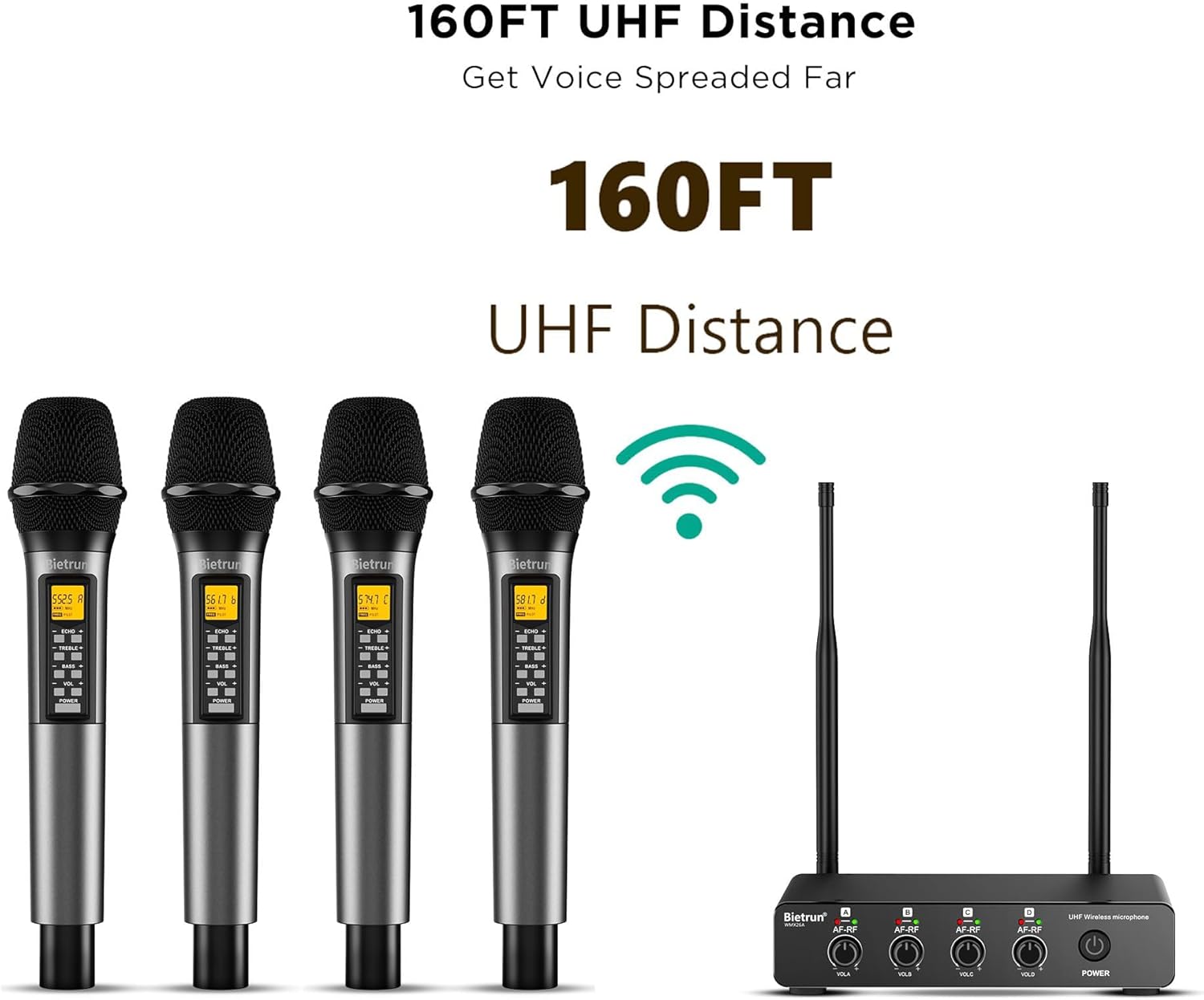 Bietrun 4 Channel Wireless Microphone with Echo/Treble/Bass, 160 ft UHF Range, 4 XLR+1/4‘’Output, Metal Cordless Handheld Dynamic Mics System for Wedding, Church, Karaoke, Singing, DJ(Auto Connect)