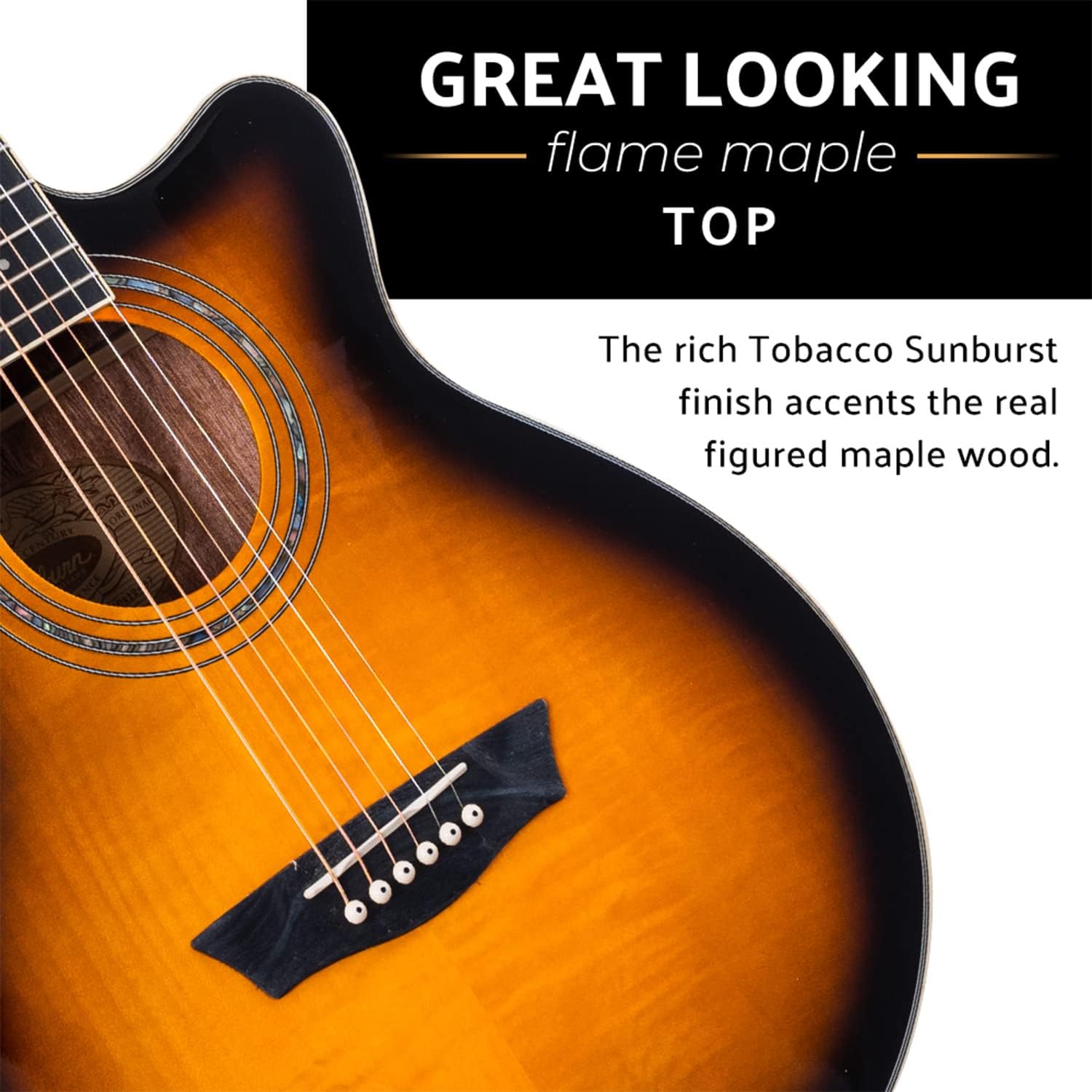 Washburn Festival EA15 Acoustic Electric Cutaway Guitar Bundle with Flame Maple Veneer Top, Includes Strap, Picks, Clip-On Tuner and Extra Set Of Strings (EA15ATB-BNDL)