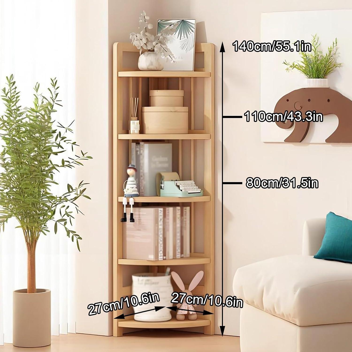 Corner Bookshelf Etagere Bookcase, Curved Decorative Storage Freestanding Display Shelf Stand, Floor Standing Rack, for Home Office, Living Room, Bedroom(80cm/31.5in)