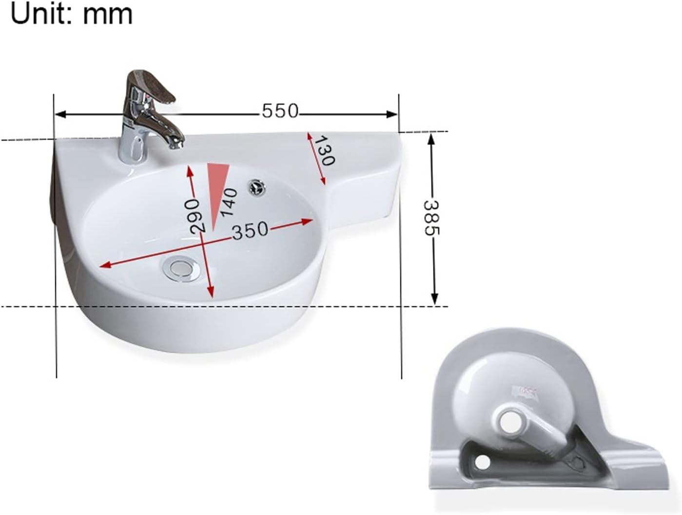 WASHLA Bathroom Sinks Wall Mount Corner Bathroom Sink White Mini Triangle Porcelain Ceramic Apartment Wall-Mounted Bathroom Sink Bowls Vessel Sink, Left Hole