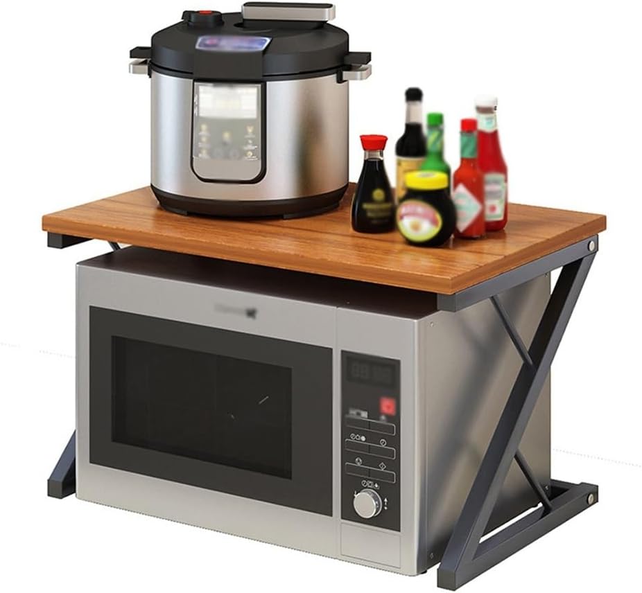 Double Kitchen Microwave Shelf Oven Rack Floor Standing Multifunction Condiment Bottles Bracket Metal 2 Layer, Kitchen Storage Corner Shelf Rack (Color : Brown)