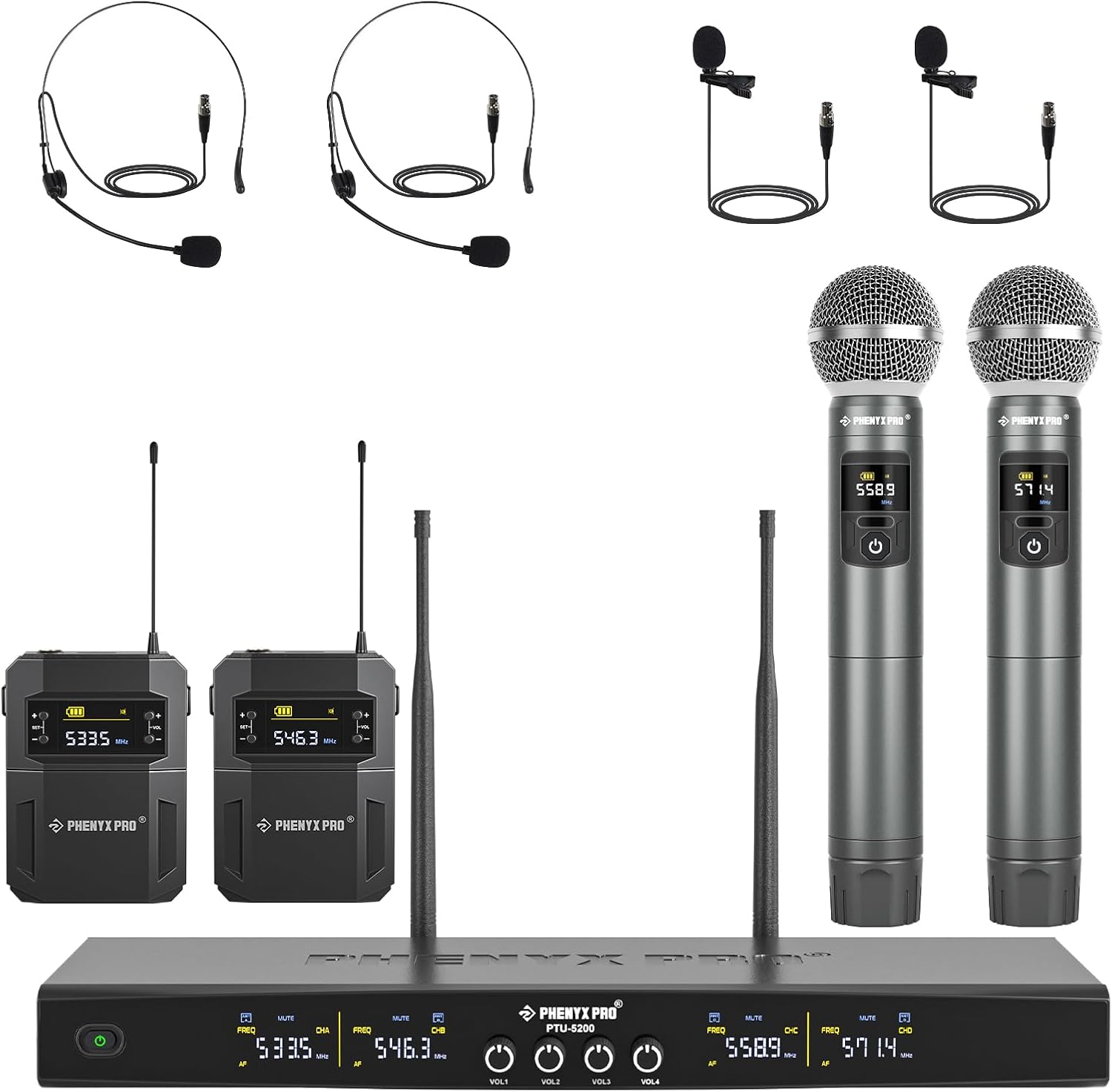 Phenyx Pro Wireless Microphone System, 4-Channel Wireless Mic Set with Handheld/Bodypack/Headset/Lapel Mics, Cordless Microphone for Singing, Karaoke, Church (PTU-5200-2H2B)