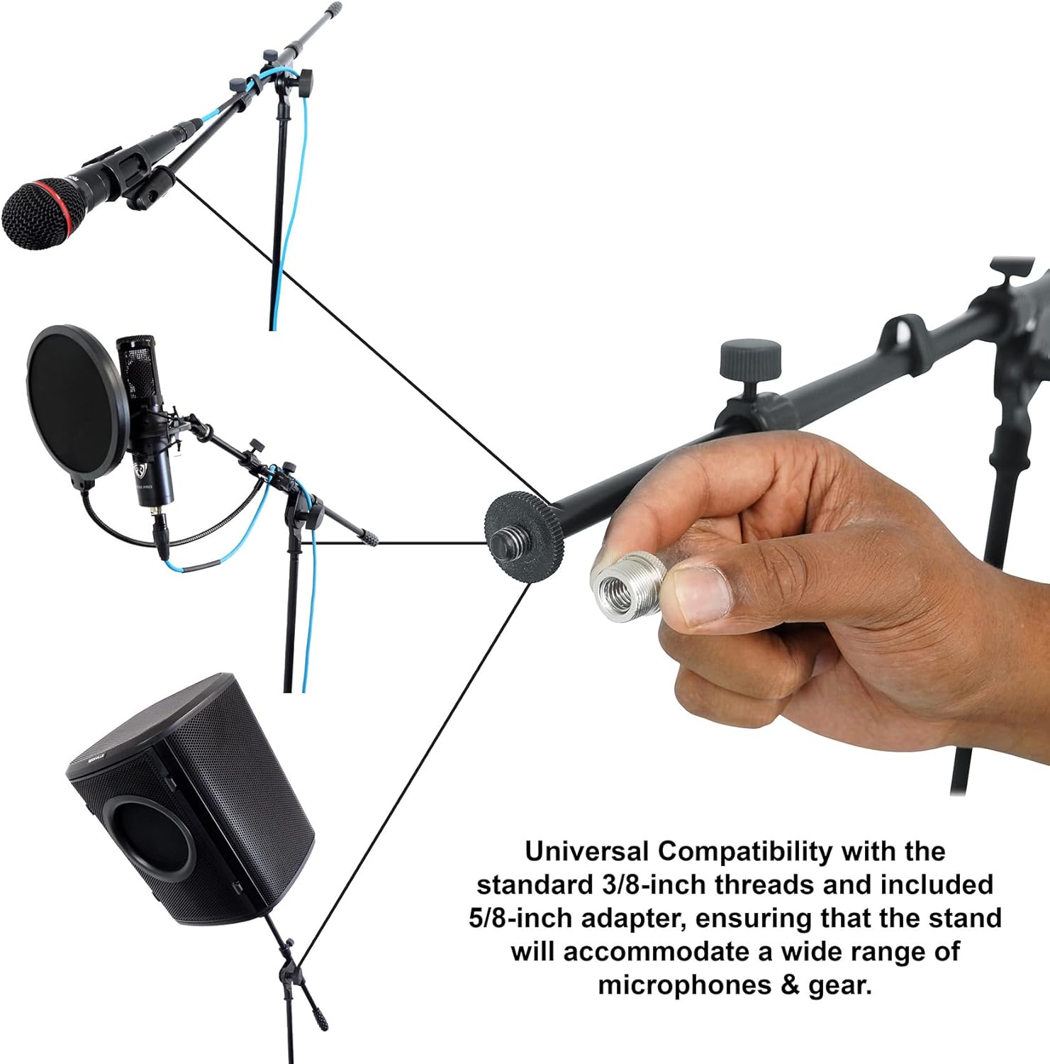 Rockville RMM-XLR Bundle: (2) Dynamic Cardioid Metal Microphones with 10' XLR Cables, (2) RVMIC1 V2 Pro Tripod Microphone Stands with Telescopic Boom, Metal Joints, 4-items