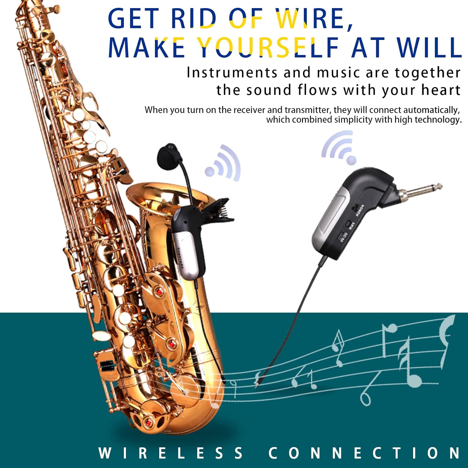 Saxophone Wireless musical instrument pickup, Professional Microphone Wireless Instrument UHF Pickup Mic Receiver & Transmitter System, Clip-on for Saxophone/French Horn/Trumpet wind instruments