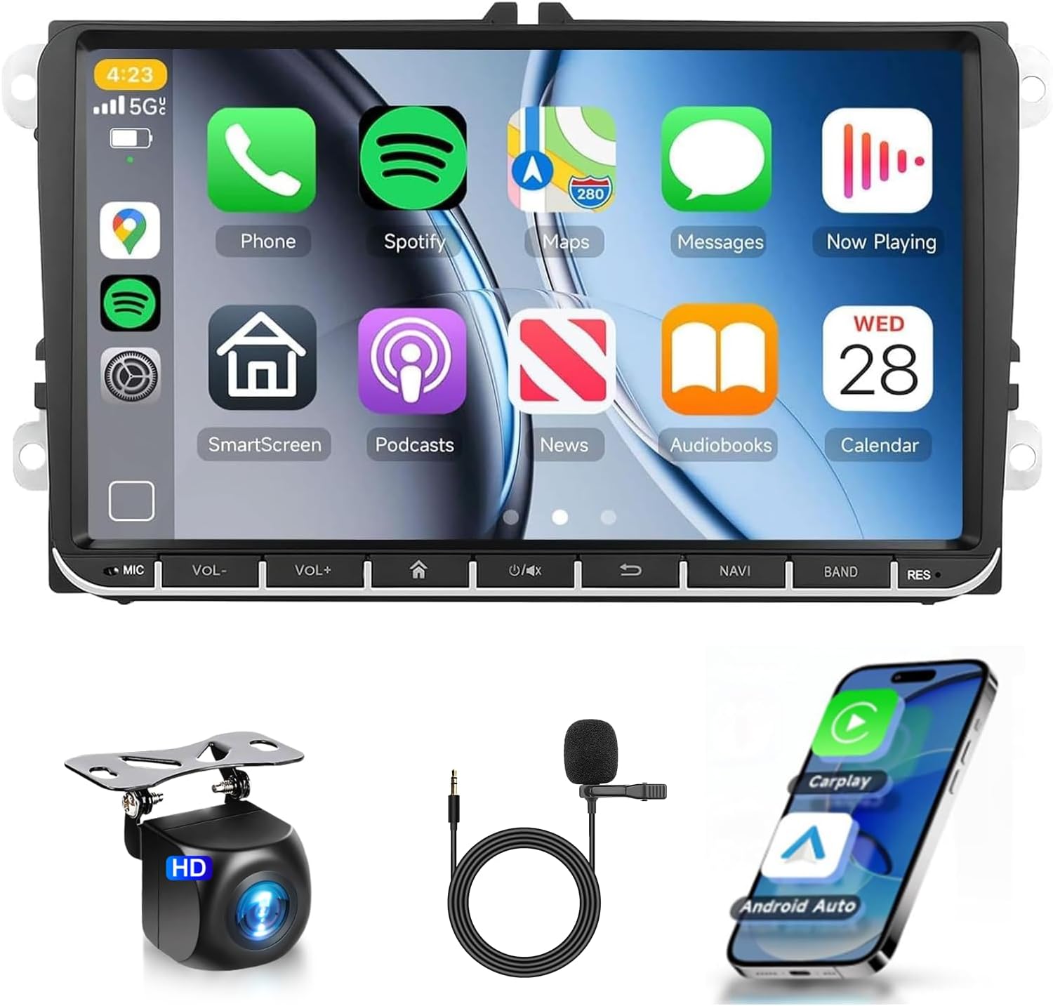 9-Inch 4G+64G Radio for VW Volkswagen Seat Golf Passat Jetta Beetle Radio Car Stereo with Wireless Carplay Android Auto,5.0 Bluetooth 32EQ,1280x720P IPS Touch Screen,FM/RDS GPS WiFi HD Backup Camera