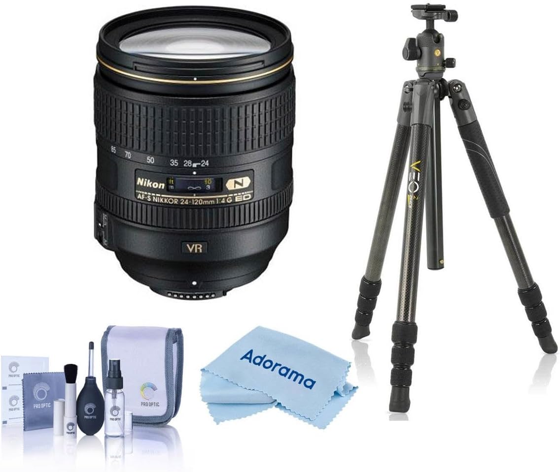 Nikon 24-120mm f/4G ED-IF AF-S NIKKOR VR VibrationReduction NIKKOR Lens - Bundle with VanguardVEO 2 264CB 26mm 4-Sec Carbon Fiber Travel Tripod with BH-50 Ball Head, Cleaning Kit, Cloth