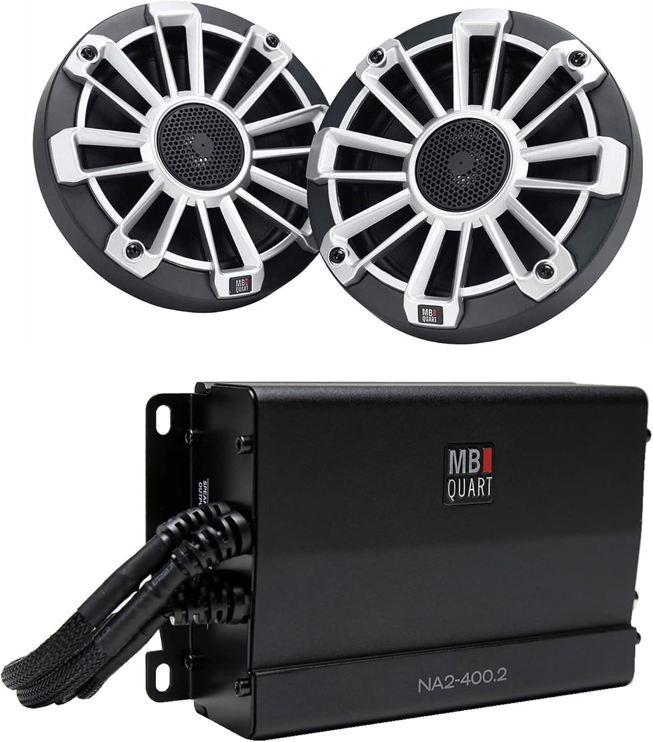 MB Quart Marine Powersports Nautic 2 Channel 400 Watt Maximum Power Full Range Class D Amplifier with 6.5 Inch Marine 3 Grills Speaker Pair
