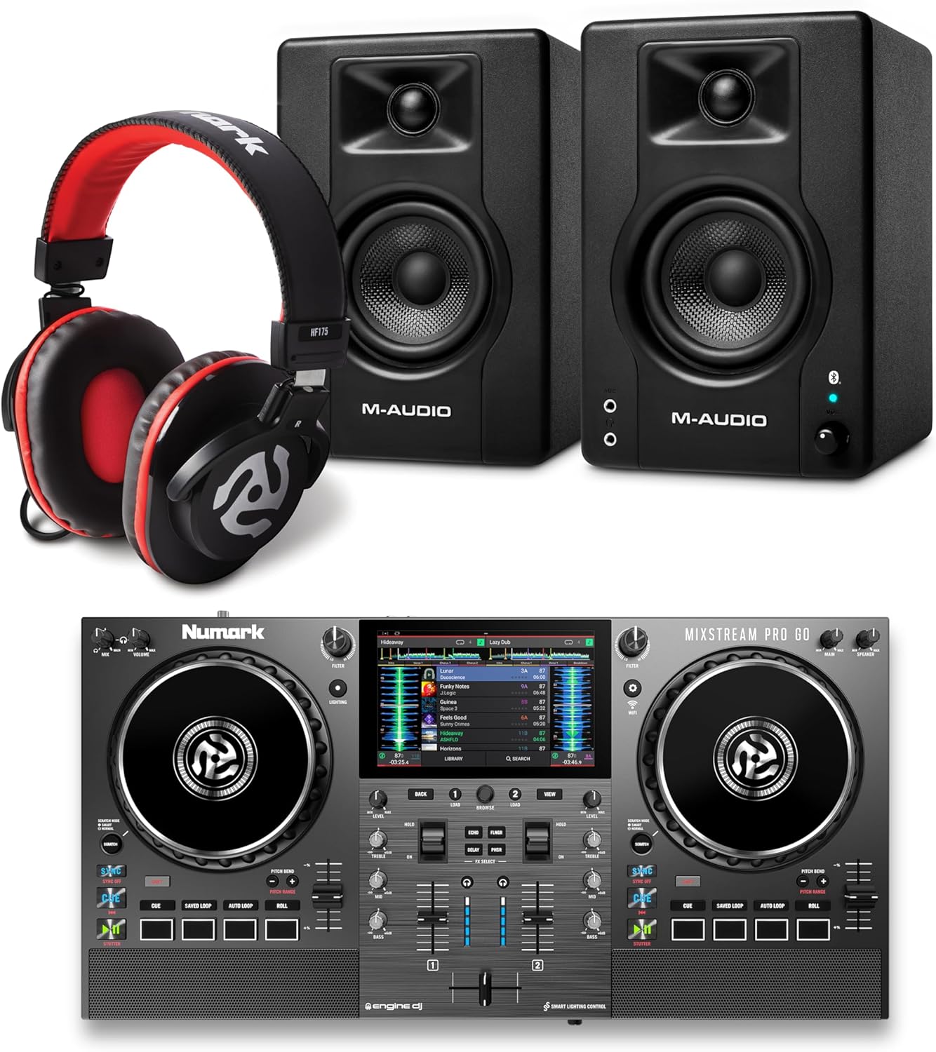 Numark Mixstream Pro Go DJ Controller and M-AUDIO BX3 Pair Bluetooth Studio Monitors with Headphones for Studio Recording, Music Production, Podcasting, Streaming