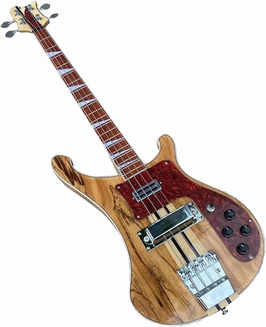 4-String Electric Bass Guitar - Natural Spalted Maple Veneer Finish, Checkerboard Binding, Neck-Thru Construction