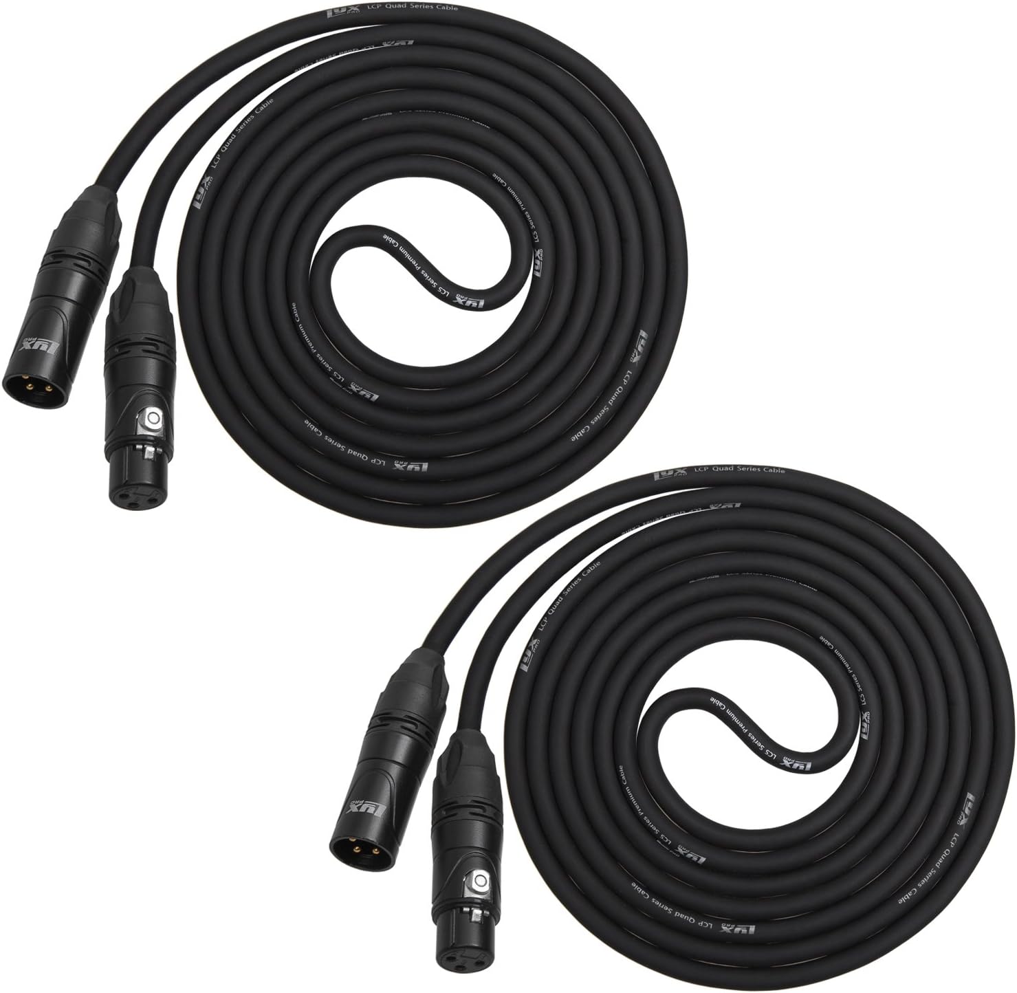 LyxPro Cable Pack: 2 Black - 100 Ft - XLR Male to Female 4-Conductor Star Quad Professional Microphone Cables. Low Noise & Sound Clarity – Road Worthy
