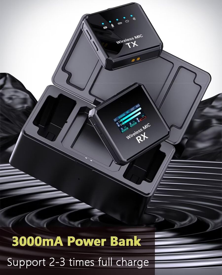 Wireless Lavalier Microphone, with Noise Cancellation，Auto-Dodge, Reverb Mode,3000mA Charging Case, for iPhone,iPad,Android,Camera,2 Pack Wireless Lavalier Clip Mics Live Streaming