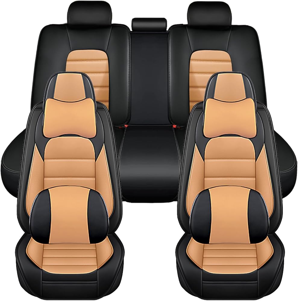 Universal Car Seat Covers for Jeep Wrangler 1987-2024 Comfortable and Anti-Slip Seat Covers,Waterproof Leather Seat Protectors Interior Accessories(5Pcs Deluxe-Black&Orange)