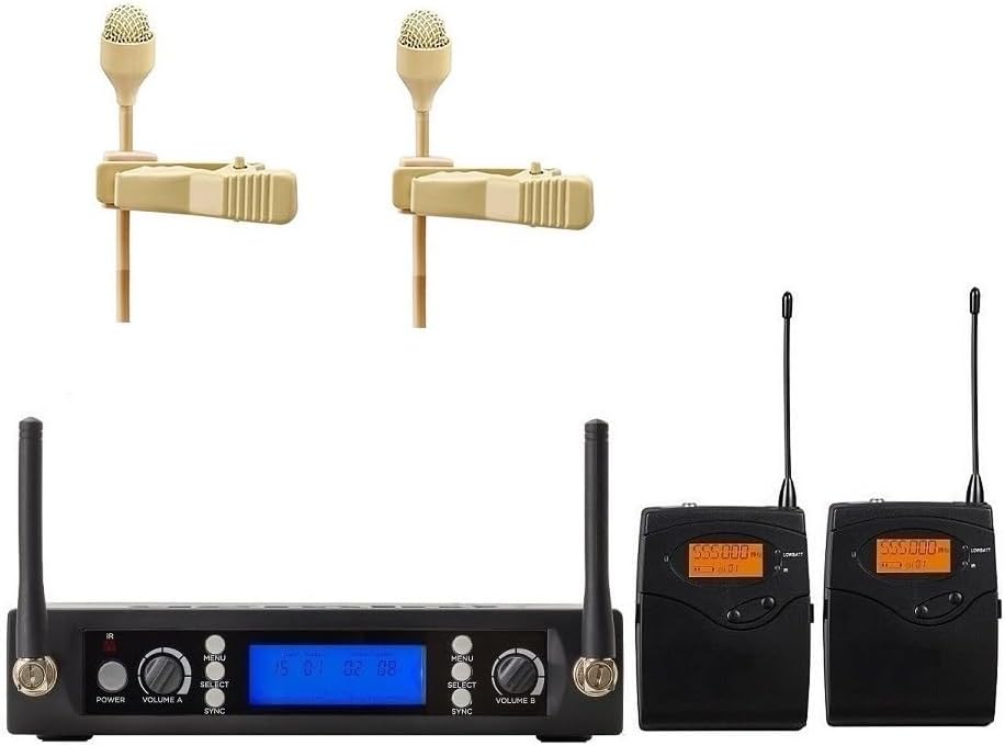 UHF Wireless Microphone System, Pro Wireless Mic Set with Case,Beige Lavalier Cordless Microphones for Singing, Karaoke, Church, DJ, 2x100 Adjustable Frequencies,328ft Range