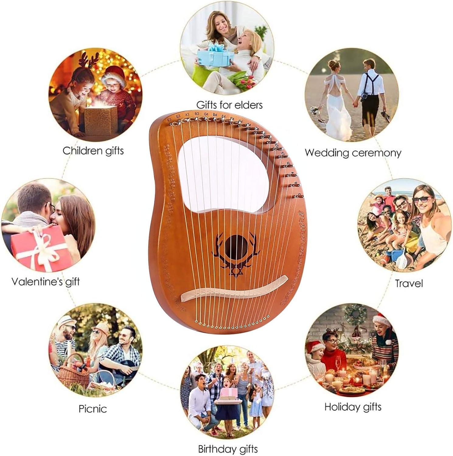Lyre Harp 19 String Solid Wood String Instrument Heptachord Mahogany with Tuning Wrench, Picks and Bag, Best Gift for Beginners Music Lovers (Color : E)
