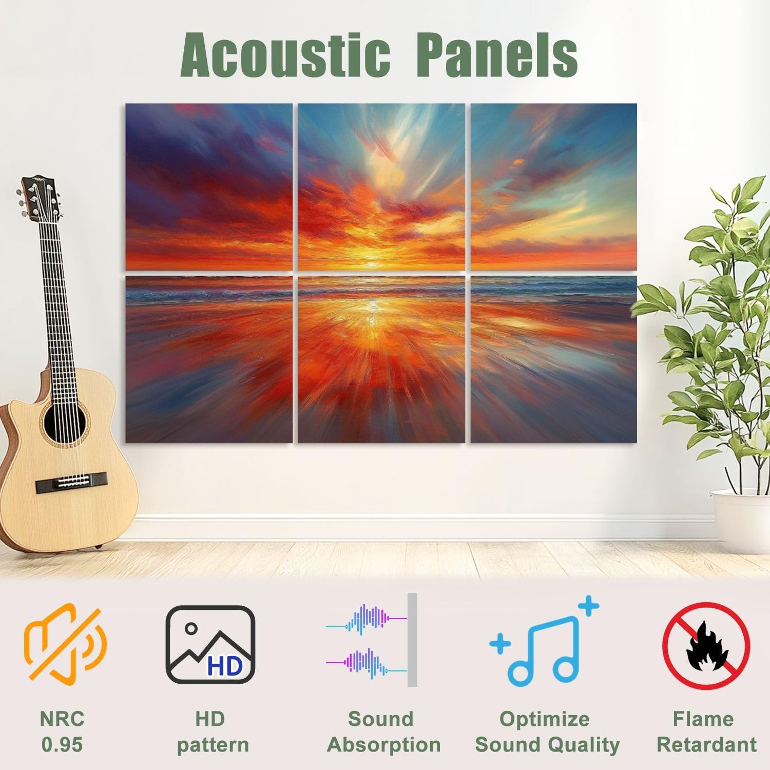 6 Pack Art Acoustic Panels Sound Absorbing Colorful Ocean Sunset Abstract Beach Orange Red Warm Sunrise Sky Decorative Soundproof Wall Panels Self Adhesive for Recording Studios Office 72