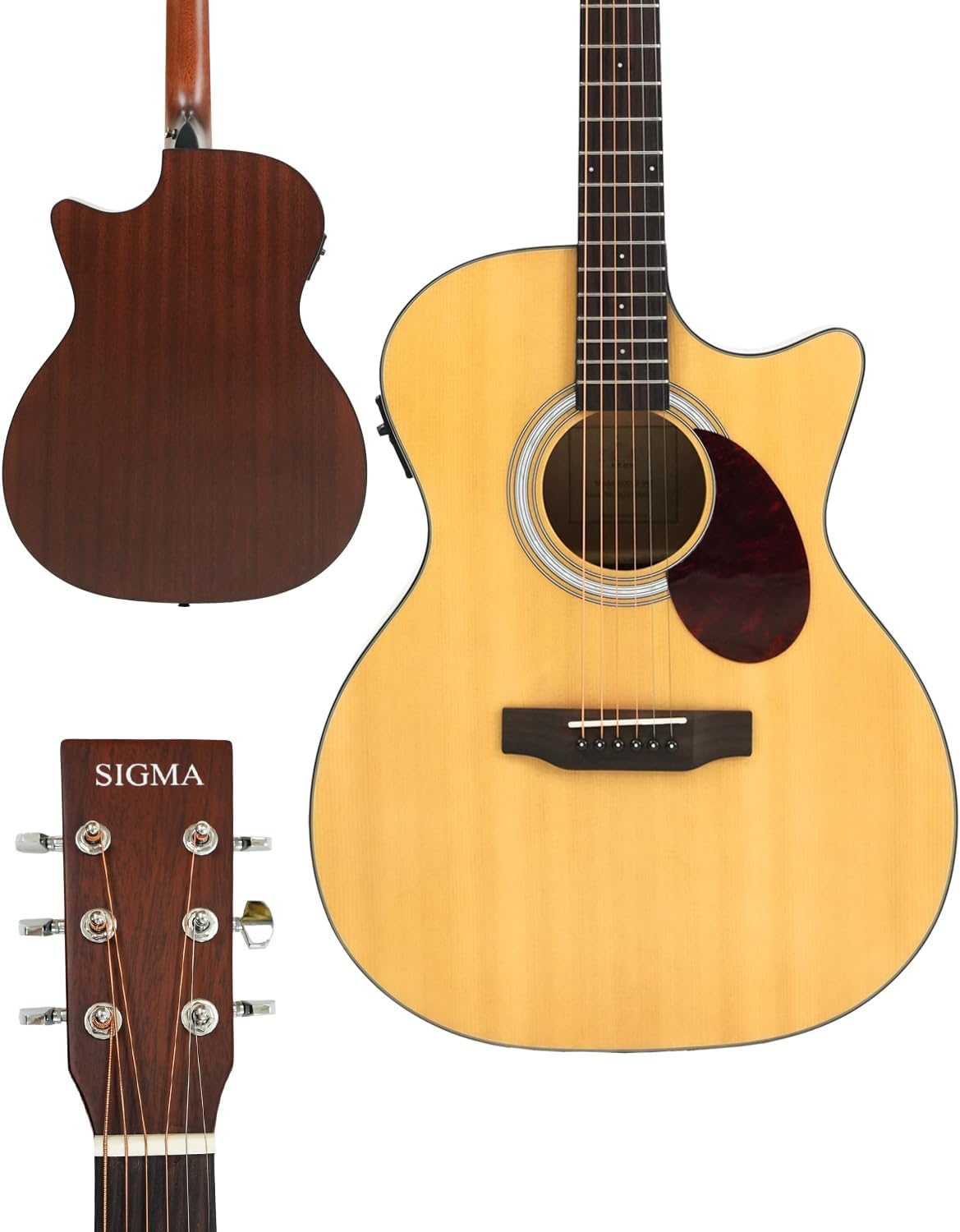 SIGMA 40” Acoustic Electric Guitar, OOO Cutaway, Name Brand EXP16 Strings, Solid Spruce Top, Satin Natural, Sapele/Mahogany Back & Sides, Right(OOOCE)